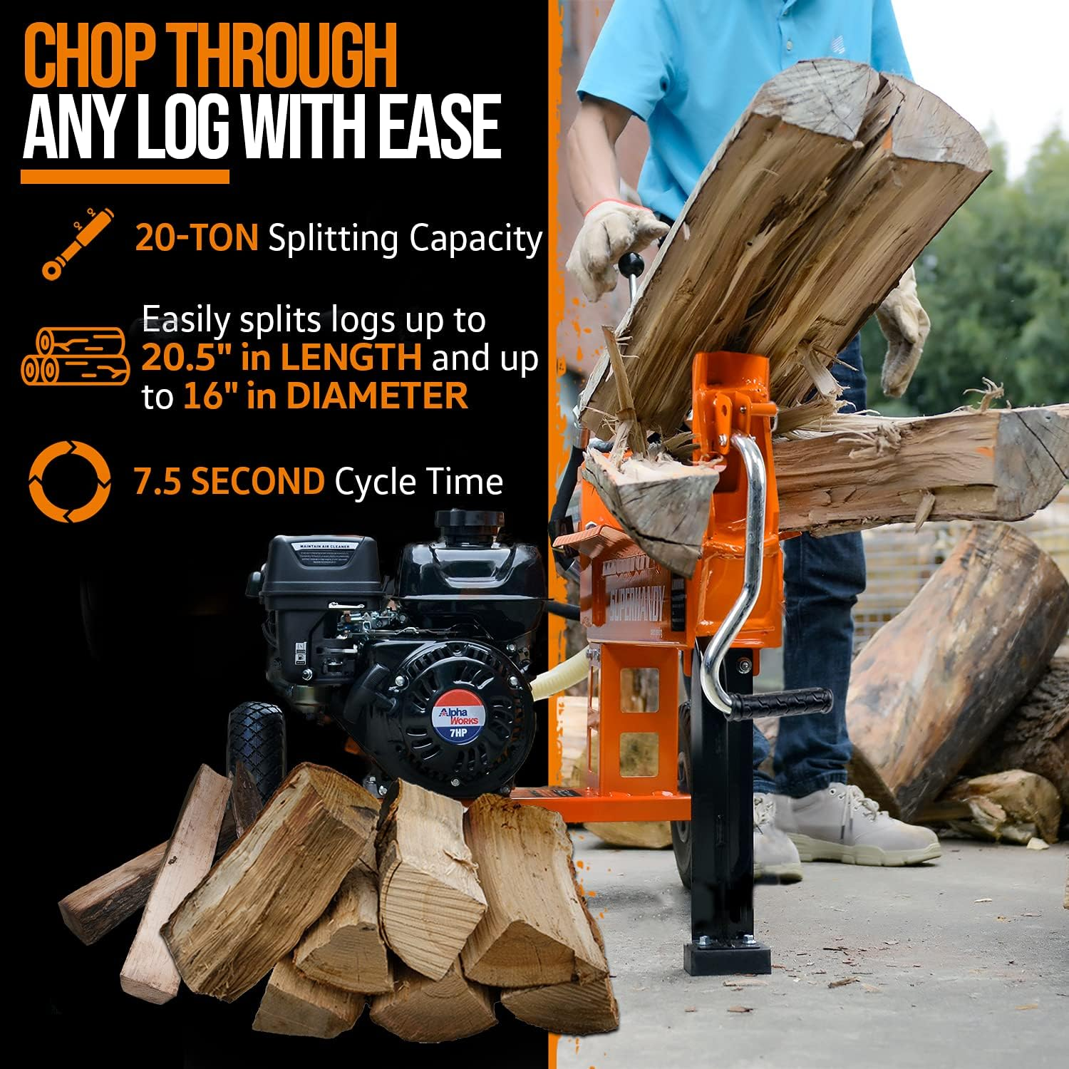 SuperHandy Log Splitter Portable 20 Ton Rapid Auto Return Ram System Bucher Gear Pump 7HP Engine Horizontal Full Beam Steel Wedge Firewood Splitting Forestry Harvesting