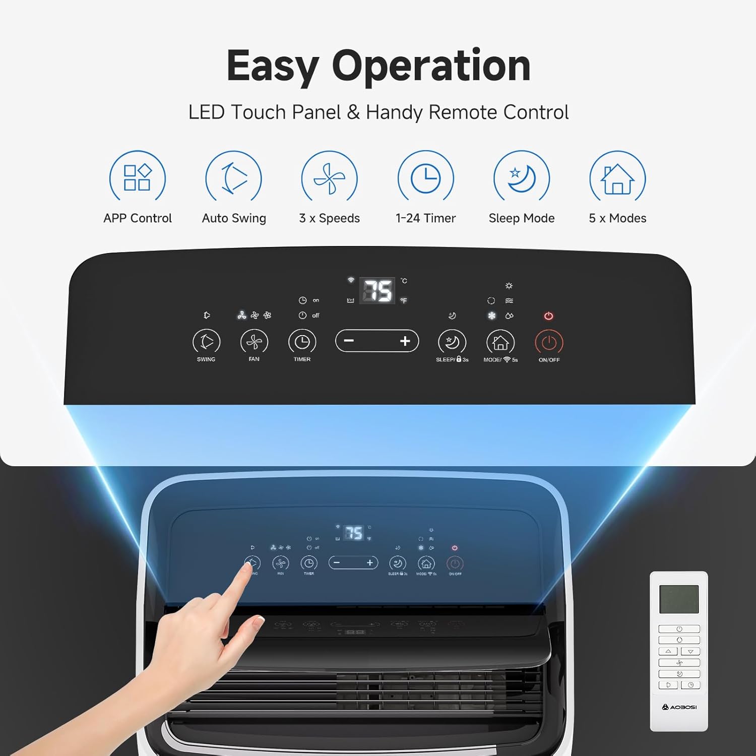 AAOBOSI 14,000 BTU Portable Air Conditioner with Heater & Dehumidifier, 6-in-1 Cooling Unit for Large Room up to 350 Sq.Ft, Quiet 45dB, Smart App Control, Window Kit & Wheels Included