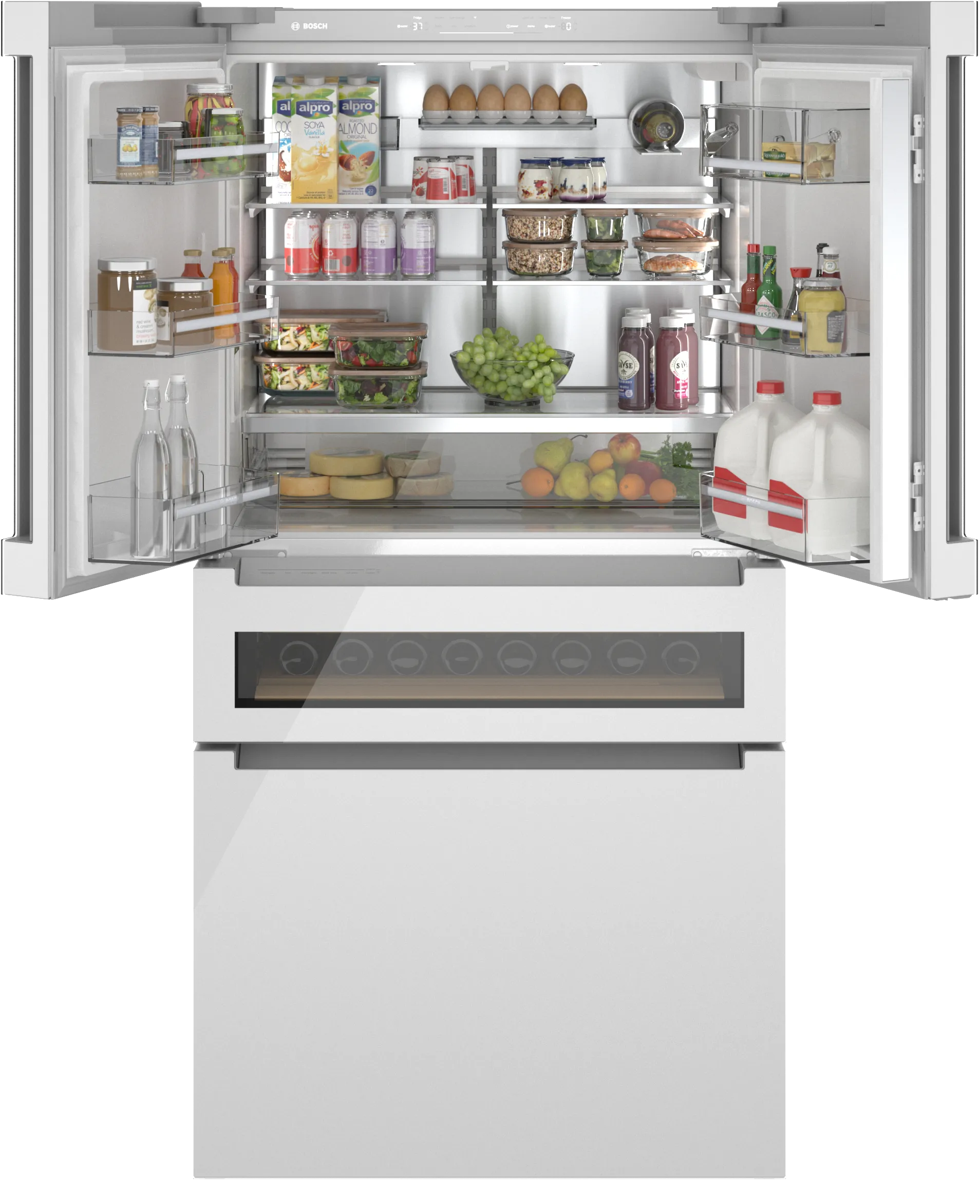 Bosch B36CL81ENW 800 Series French Door Bottom Mount Refrigerator, Glass door 36'' White, Total No Frost