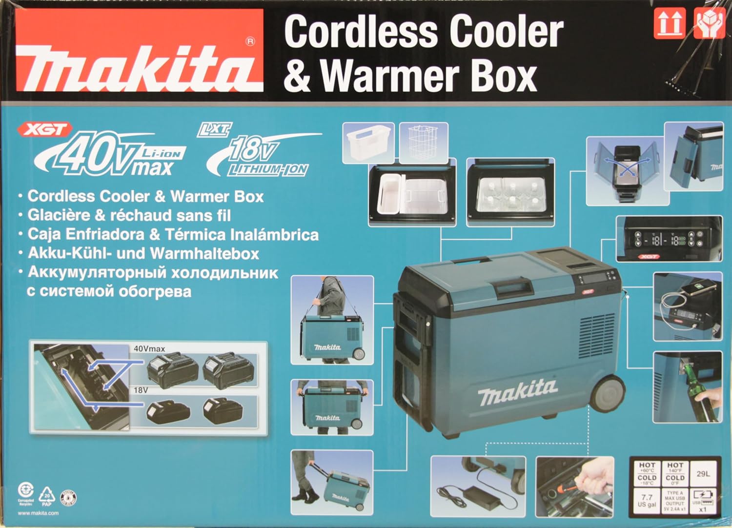 Makita 40V Battery Cooling and Heat Box, 29L Portable Refrigerator, Turquoise, IPX4 Water Resistant, Compressor Cooling System, Bottle Opener, Deep Discharge Protection