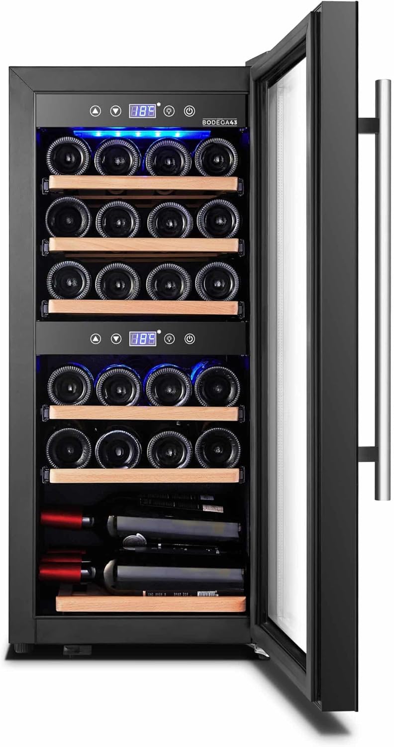 24 Wine Fridge - Wine Fridge 2 Zones, 5-20 ºC, 80 Litres, 24 Bottles, 6 Shelves, Full Glass Design Door with Touch Panel, Low Noise (43 dB) & Very Low Vibration, Black [Energy Class G]