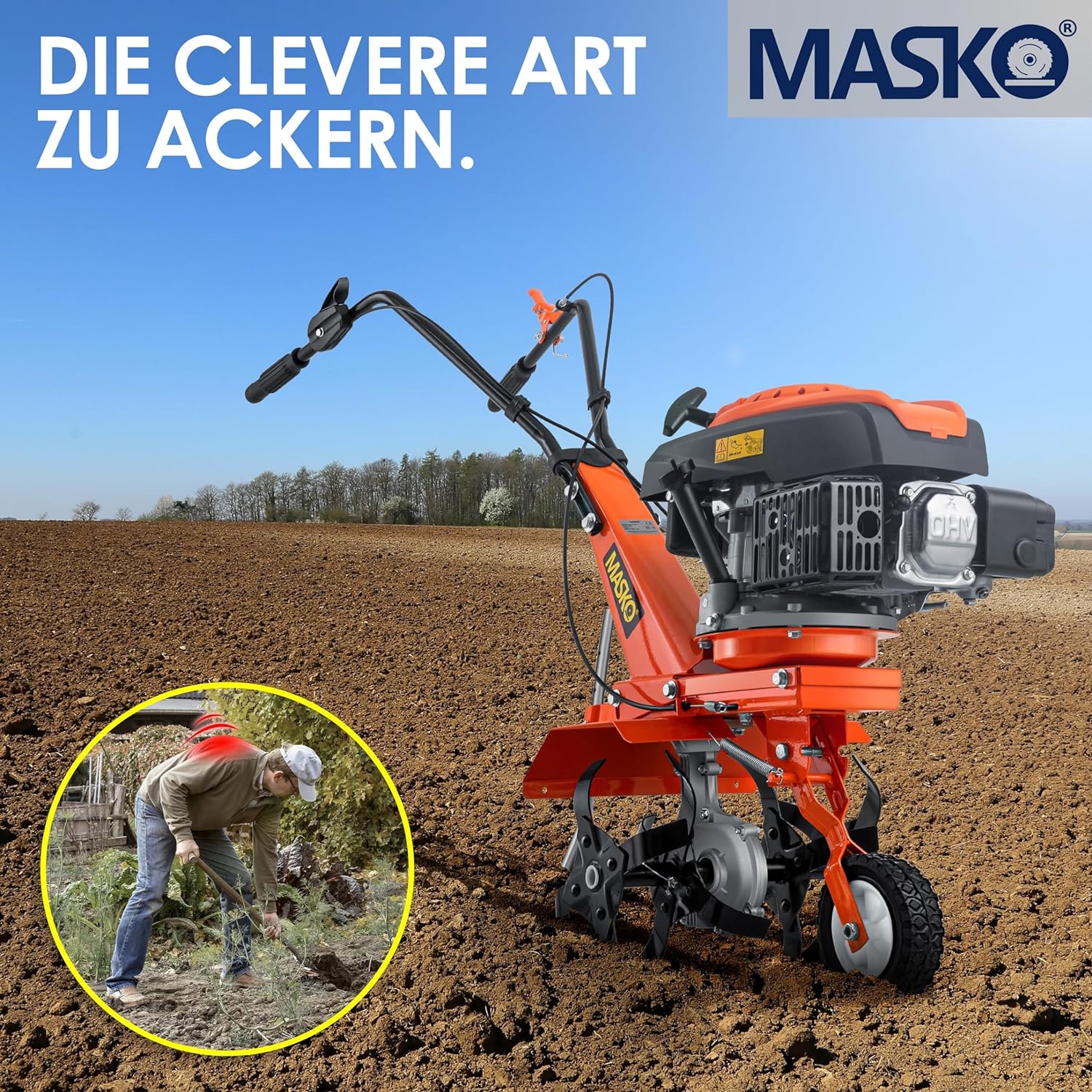 MASKO Petrol Tiller MK-909 Tiller 3 KW (4.1 HP) 139 cm³ with Working Width of 36 cm – 4-Stroke Engine – 16 Hard Blades – Tiller – Cultivator – Tiller – Tiller –