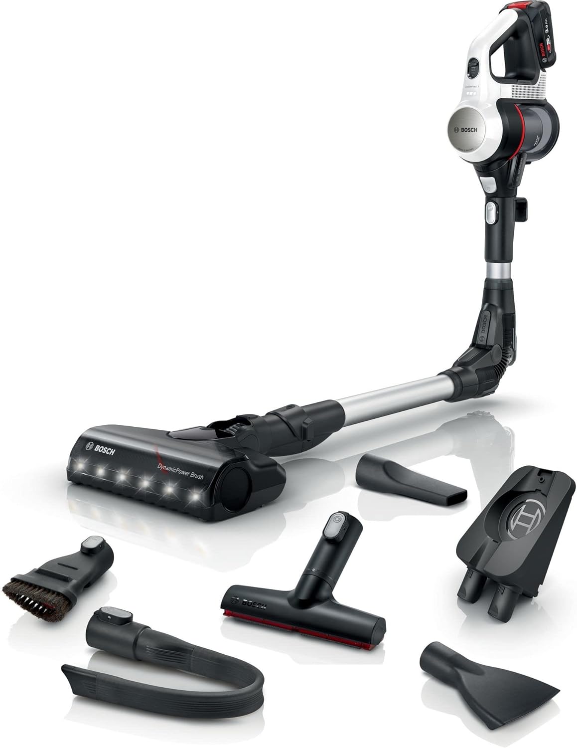 Bosch Akku-Staubsauger Unlimited 7 BSS711W, kabelloser Handstaubsauger, beutellos, Wechselakku, Knickrohr, Hygiene-Filter, 10 Jahre Motorgarantie, XXL-Polsterdüse, LED-Beleuchtung, Turbostufe, weiß