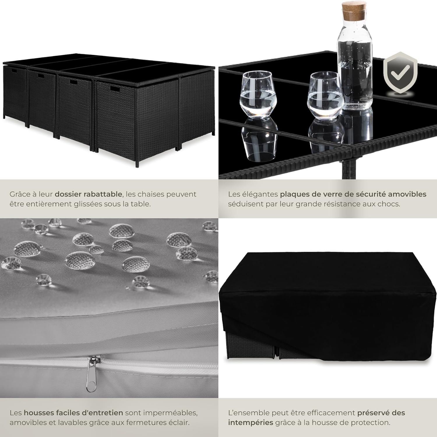 TecTake Rattan Garden Furniture Set - Outdoor Dining Set with 8 Comfortable Chairs, 4 Stools, and 1 Table - Balcony and Patio Furniture - Black/Grey