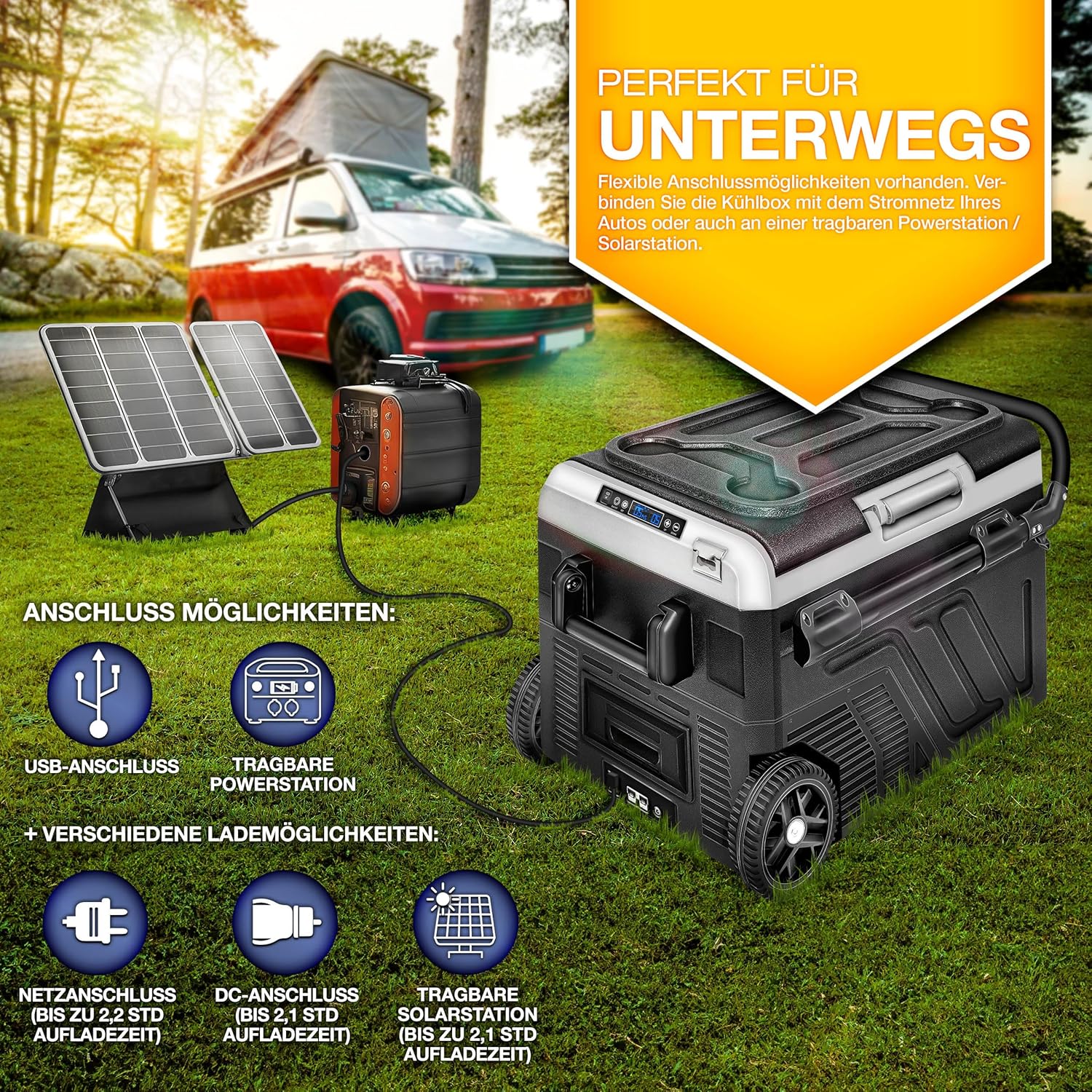 tillvex® Kompressor Kühlbox elektrisch 40-60 Liter | Elektrische Gefrierbox WIFI-APP-Steuerung 12/24 V 230V | Kühlschrank bis -20 °C für Auto, Lkw, Camping (Schwarz, 50 Liter - mit Akku) [Energieklasse B]