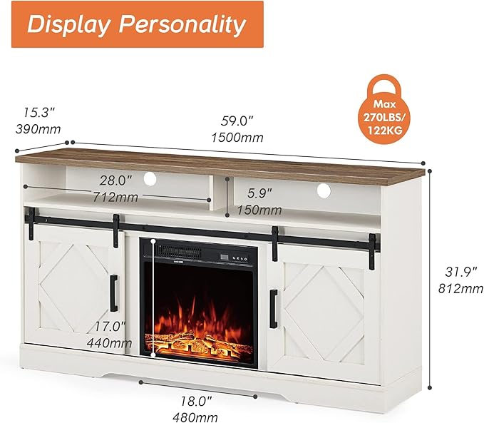 Wampat Fireplace TV Stand for TVs Up to 65 Inch, Electric Fireplace TV Console,Wood Entertainment Center with Storage Cabinet,Sliding Barn Door,2 Heating Mode,5 Brightness