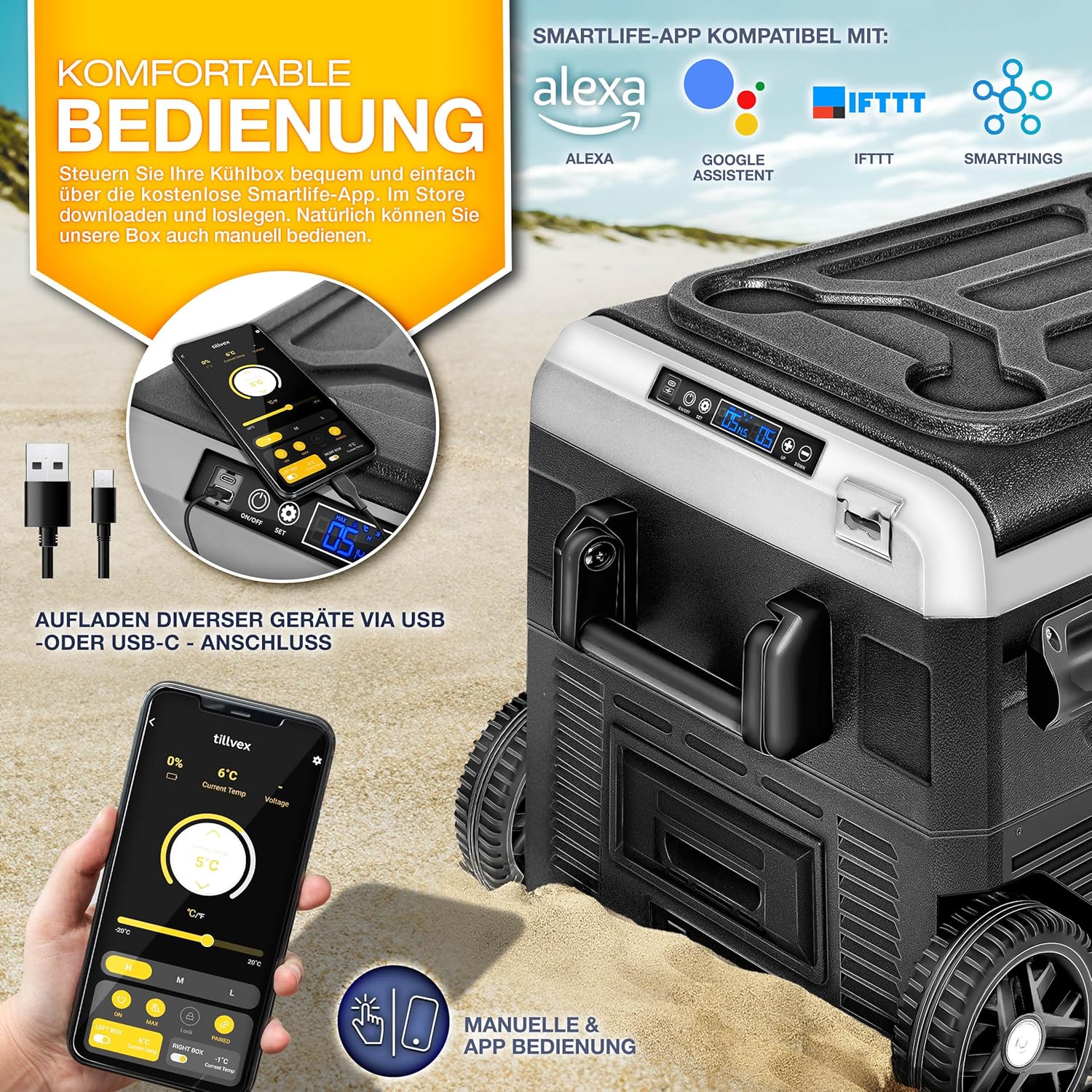 tillvex® Kompressor Kühlbox elektrisch 40-60 Liter | Elektrische Gefrierbox WIFI-APP-Steuerung 12/24 V 230V | Kühlschrank bis -20 °C für Auto, Lkw, Camping (Schwarz, 50 Liter - mit Akku) [Energieklasse B]