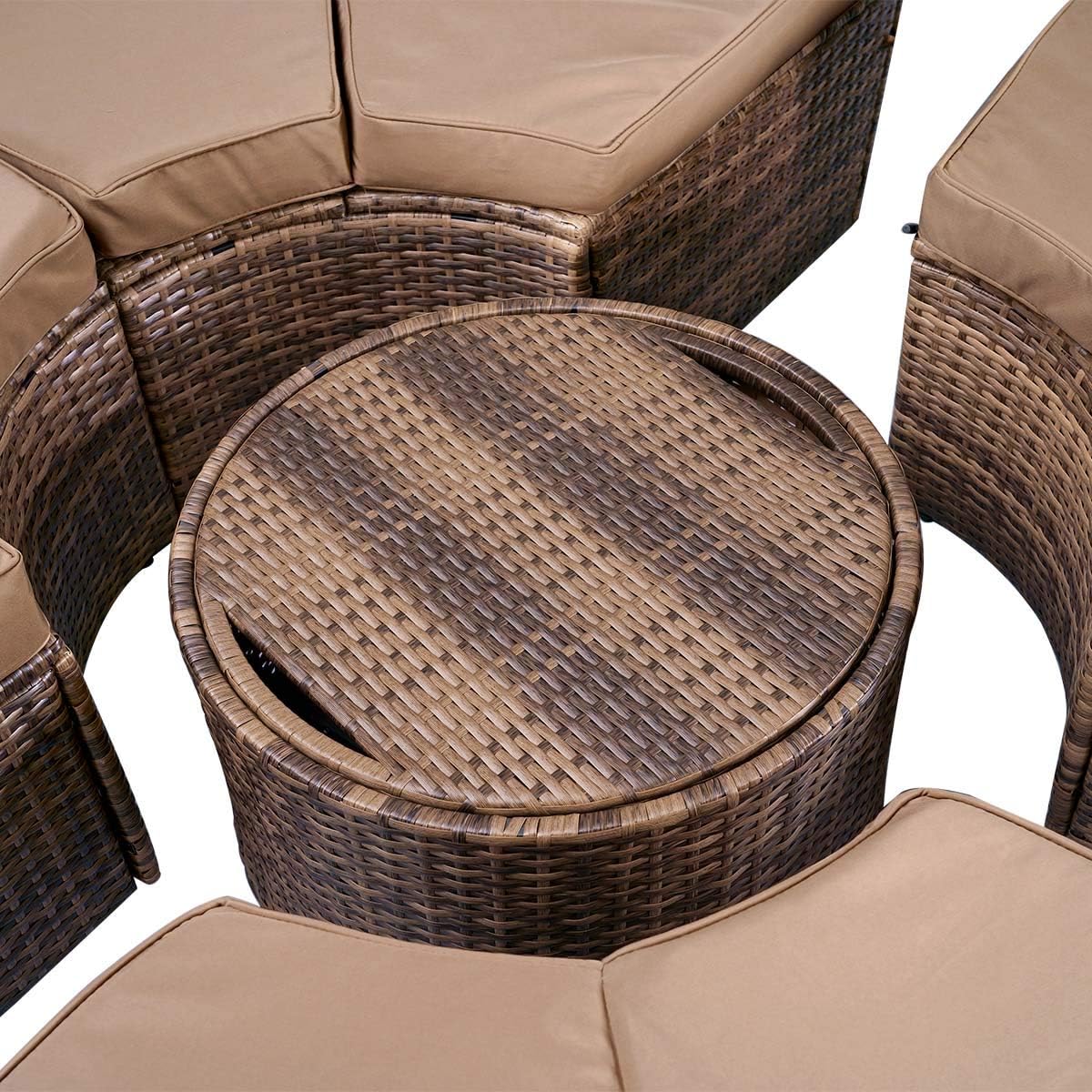 Brast Round Garden Sofa, Braided Polyrattan, in Grey, Black or Brown, 210 cm, with LED Lighting and Cover, Canopy, Foldable, Height-Adjustable, Garden Lounger