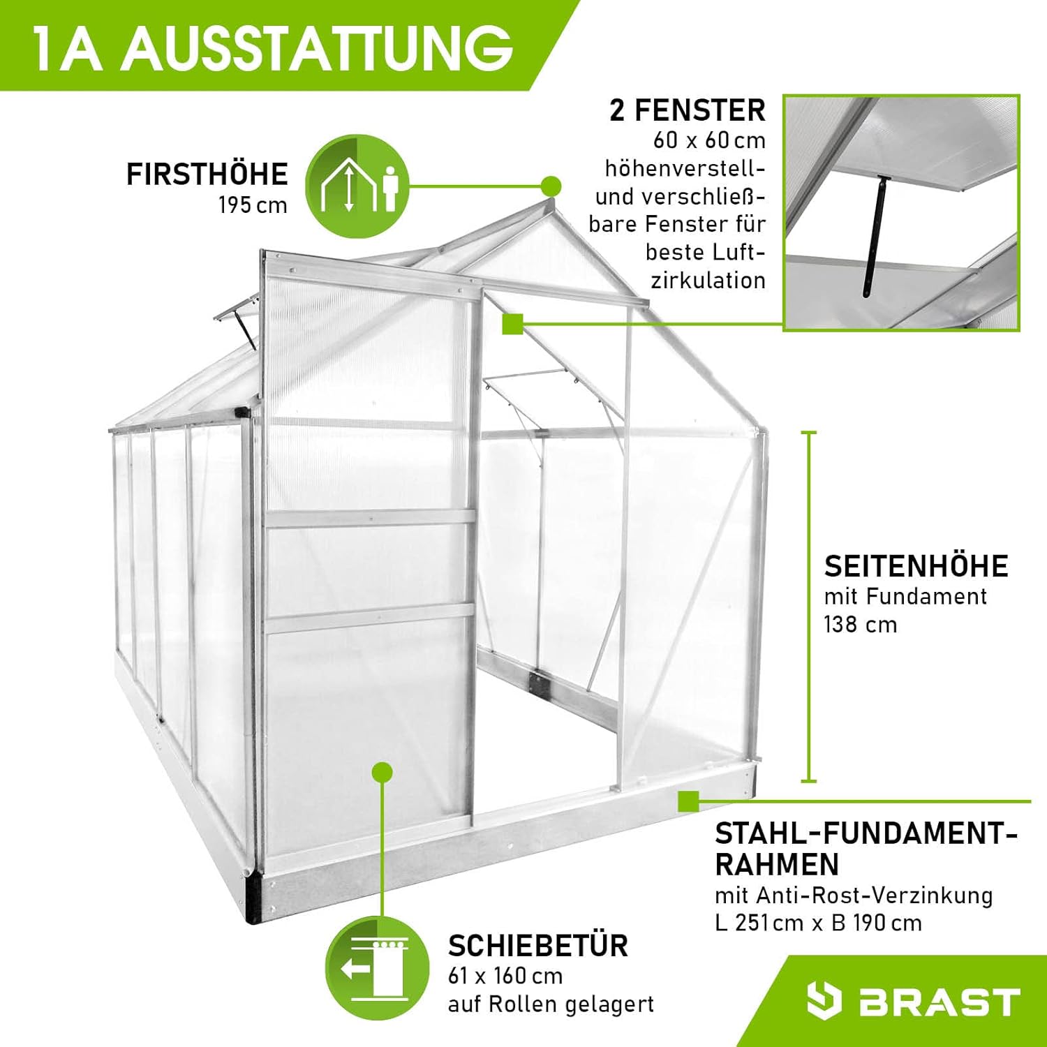 BRAST Aluminium Greenhouse with Base 190 x 190 x 195 cm, TÜV Tested, 6 mm Hollow Chamber Panels, Rustproof/Weatherproof/Temperature-Resistant