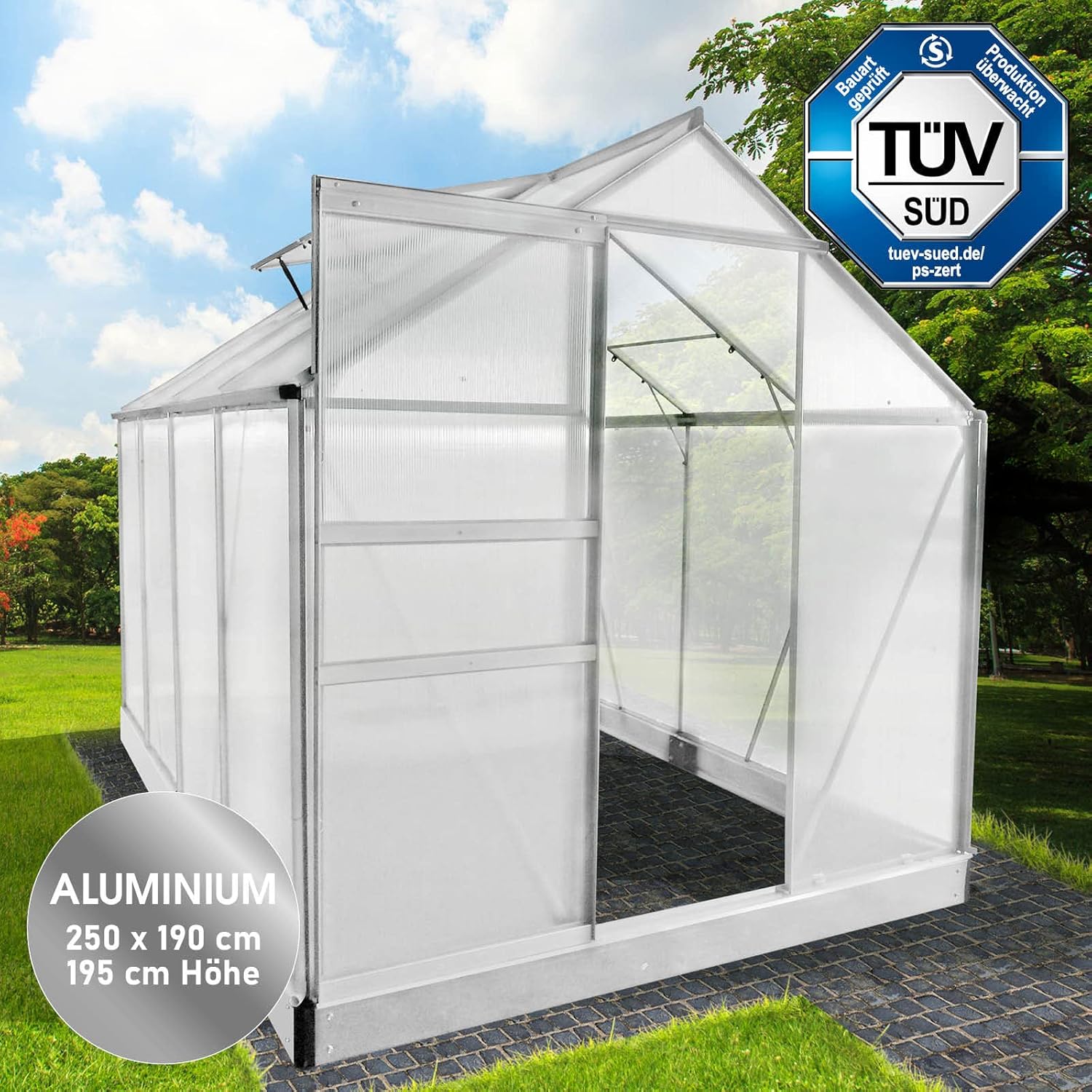 BRAST Aluminium Greenhouse with Base, 250 x 190 x 195 cm, TÜV Tested, 6 mm Hollow Chamber Panels Rustproof, Weatherproof, Temperature-Resistant