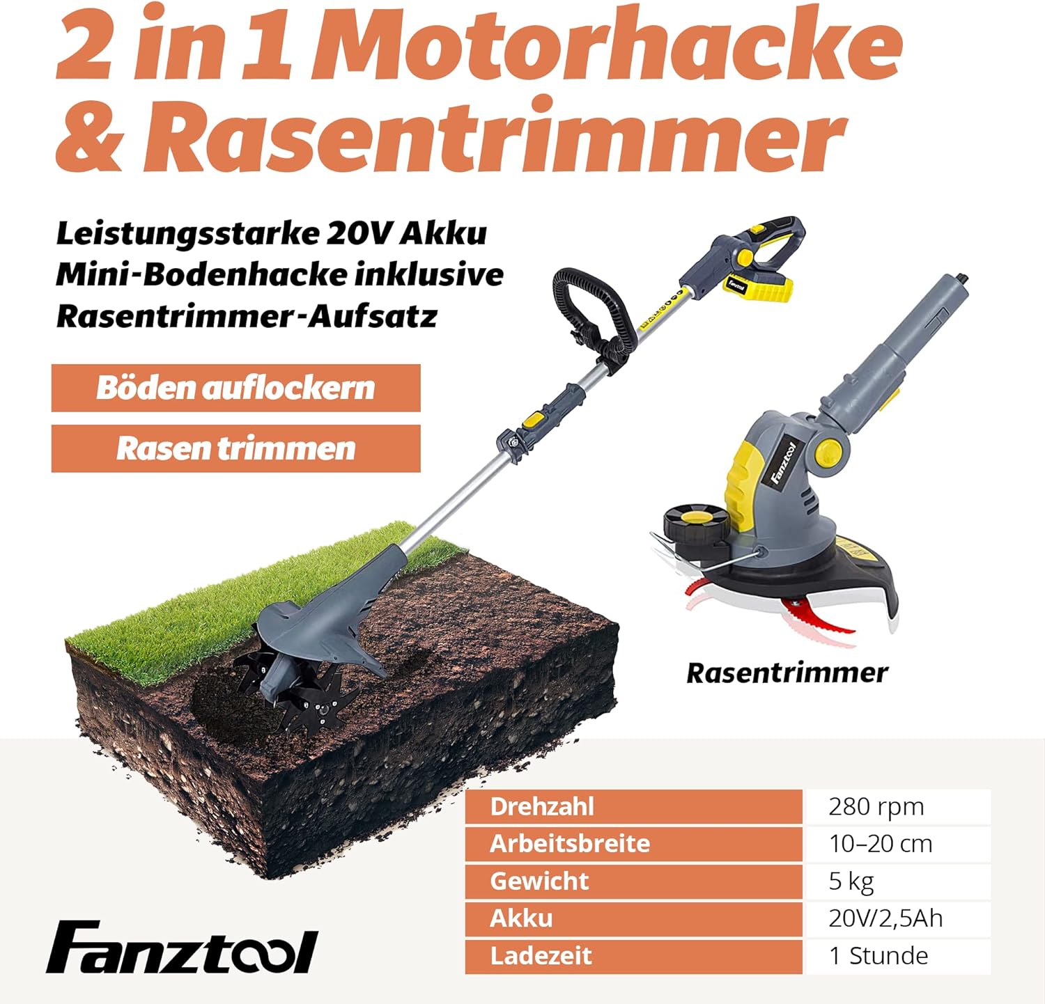 FANZTOOL 20 V Motor Hoe, Mini Tiller, Garden Hoe, Cultivator, 20 cm Working Width and Powerful 2.5 Ah Li-ion