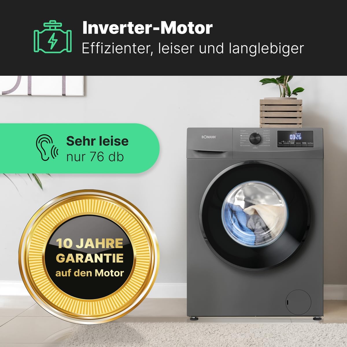 Bomann® Waschmaschine 7kg | max. 1400 U/min | 10 Jahre Motor-Garantie | effizienter, leiser & langlebiger Invertermotor | 15 Programme | Endzeitvorwahl | LED-Display | Washing Machine | WA 7175 weiß [Energieklasse A]