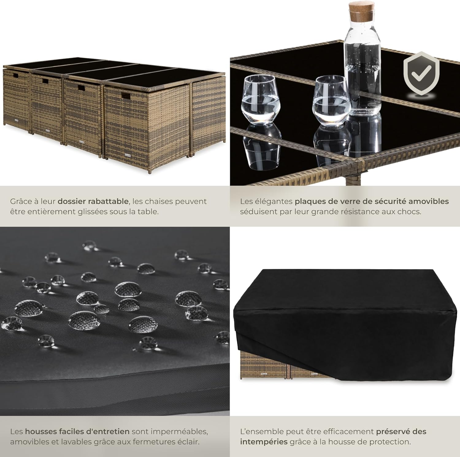 TecTake Rattan Garden Furniture Set - Outdoor Dining Set with 8 Comfortable Chairs, 4 Stools, and 1 Table - Balcony and Patio Furniture - Black/Grey