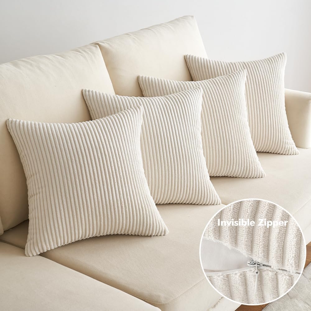 EMEMA Kissenbezug Kordsamt Zierkissenbezug 4er Set Dekokissen Sofakissen 50x50 cm Kord Kissenhülle Dekorative Weiche Zierkissenbezüge Kissen für Sofa Sessel Zuhause Schlafzimmer Creme