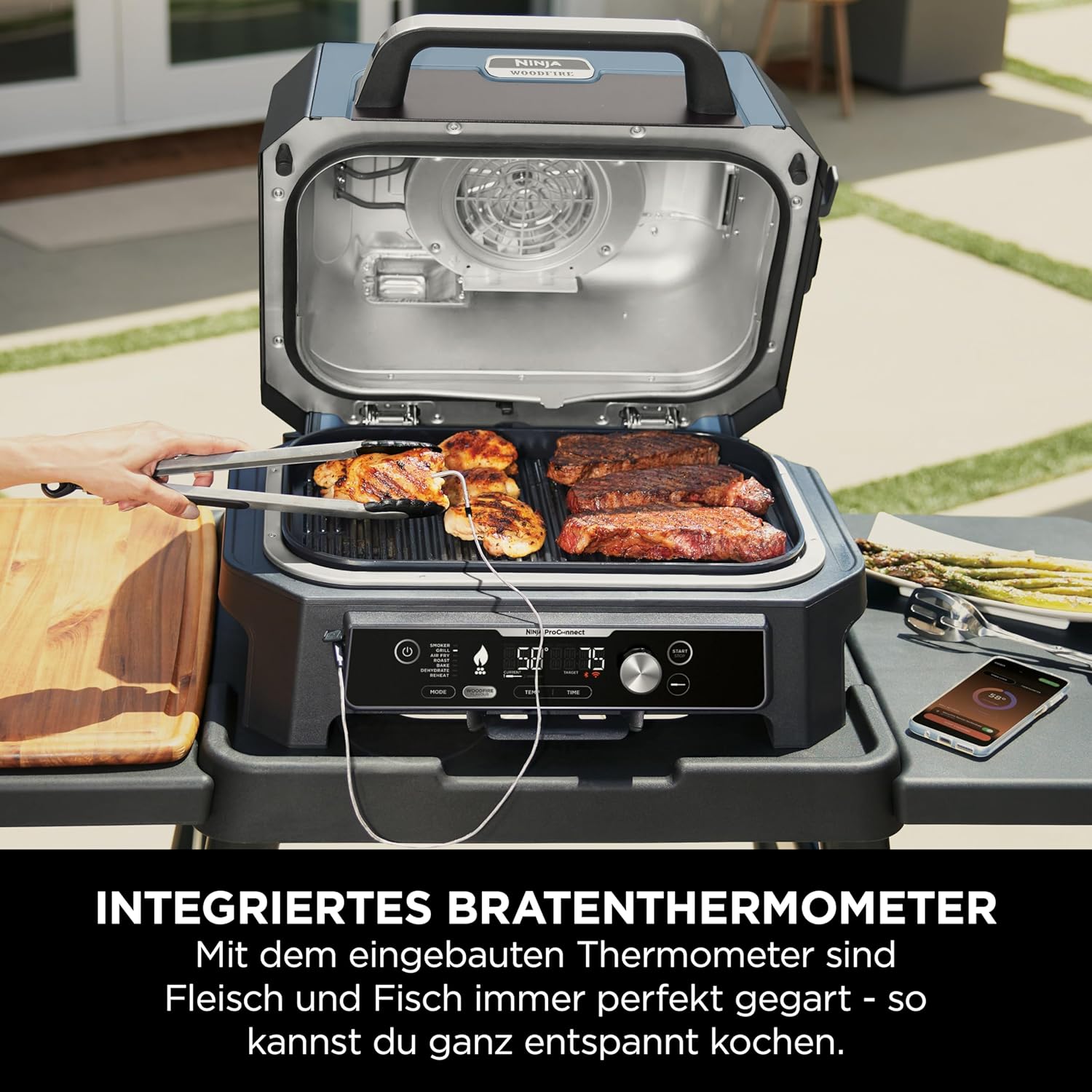 Ninja Woodfire Pro Connect XL Elektrischer BBQ Smoker Grill, App-Steuerung, digitaler Temperaturfühler, 7-in-1 Outdoor Grill elektrisch & Air Fryer mit Woodfire Pellets, wetterfest, Schwarz OG901EU