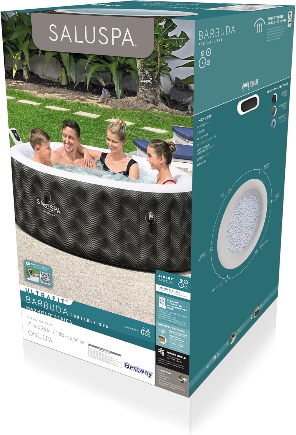 Bestway SaluSpa Barbuda UltraFit EnergySense Inflatable Hot Tub Spa (180.3 x 66 cm) | Portable Hot Tub with Energy Efficient Cover and Integrated Pump | For up to 4 People | Black