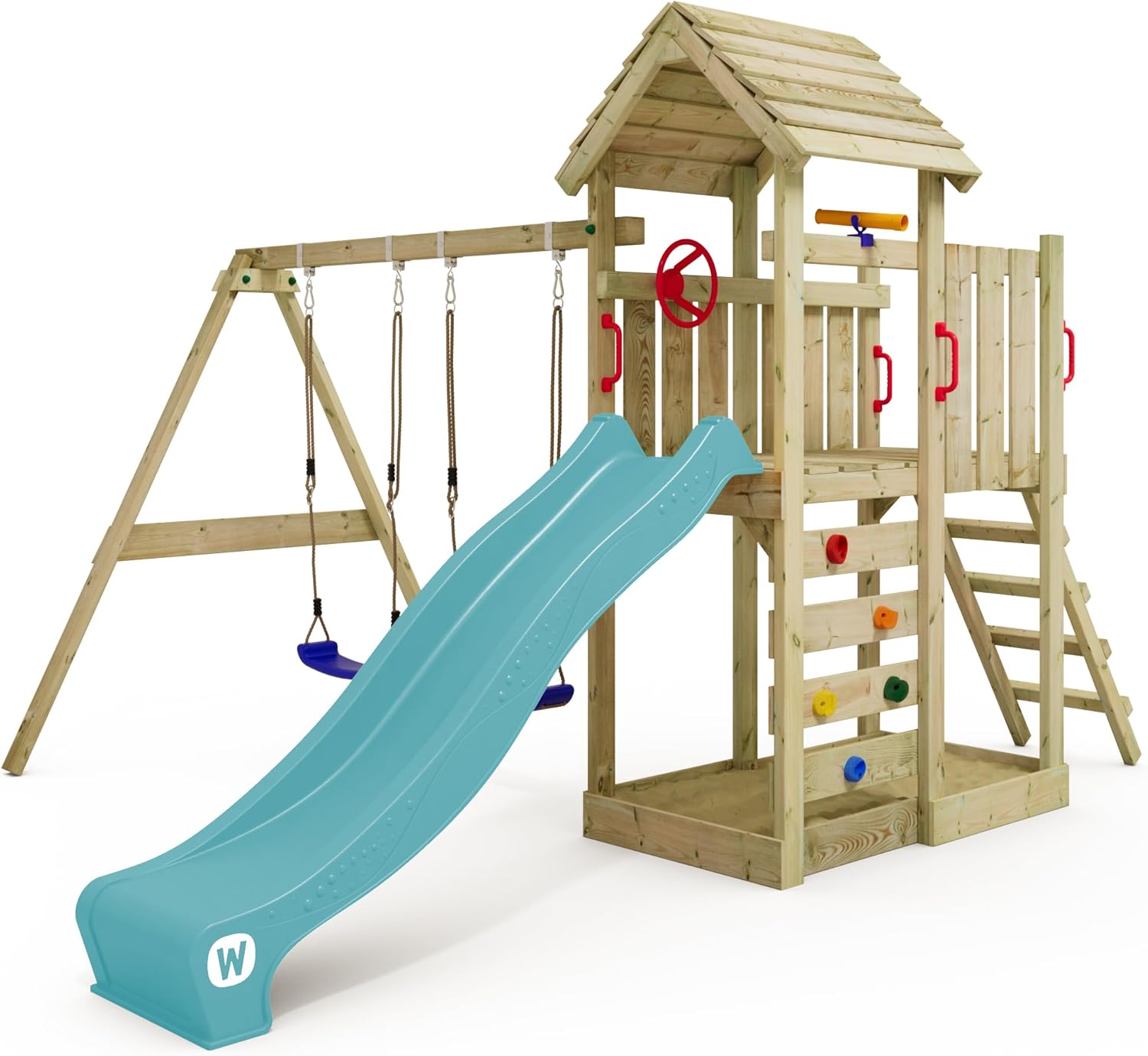 WICKEY MultiFlyer Play Tower Climbing Frame Wooden Roof with Swing and Green Slide, Climbing Tower with Wooden Roof, Sandpit, Ladder and Play Accessories