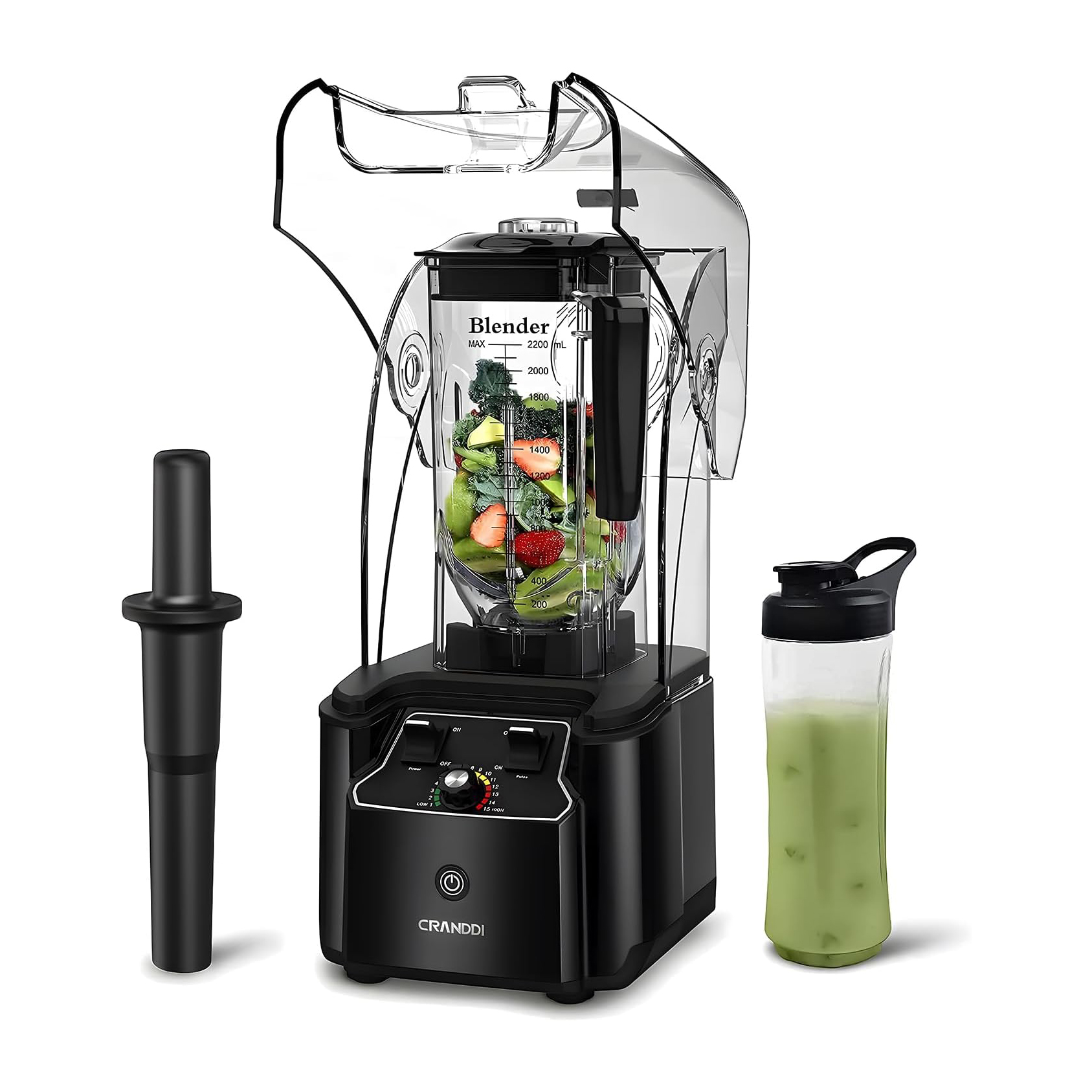 CRANDDI Commercial Quiet Blender 2200 Watt for Kitchen with Soundproof Shield Cover, Heavy Duty High Speed Blender with 80oz Pitcher and Self-Cleaning, K90 Black