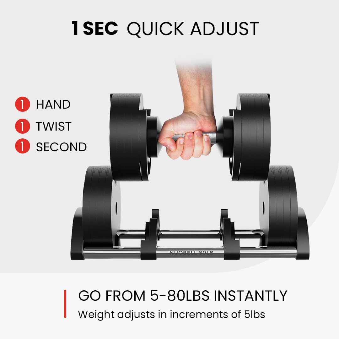 NUOBELL Adjustable Dumbbells Pair 5-80 lbs : the Adjustable Dumbbell Set to Replace 16 Sets of Dumbbells.