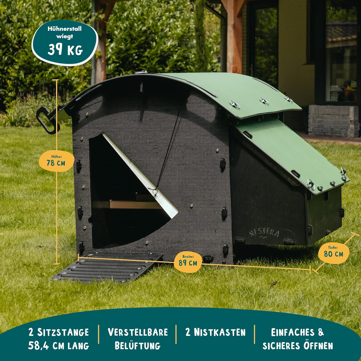 Mittlerer Boden Hühnerstall für 2-3 Hühner - Hühnerstall mit 25 Jahren Garantie für 5 Hühner oder 9 Zwerghühner | 2 abgerundete Sitzstangen zum Rasten | Erhöhter Hühnerstall