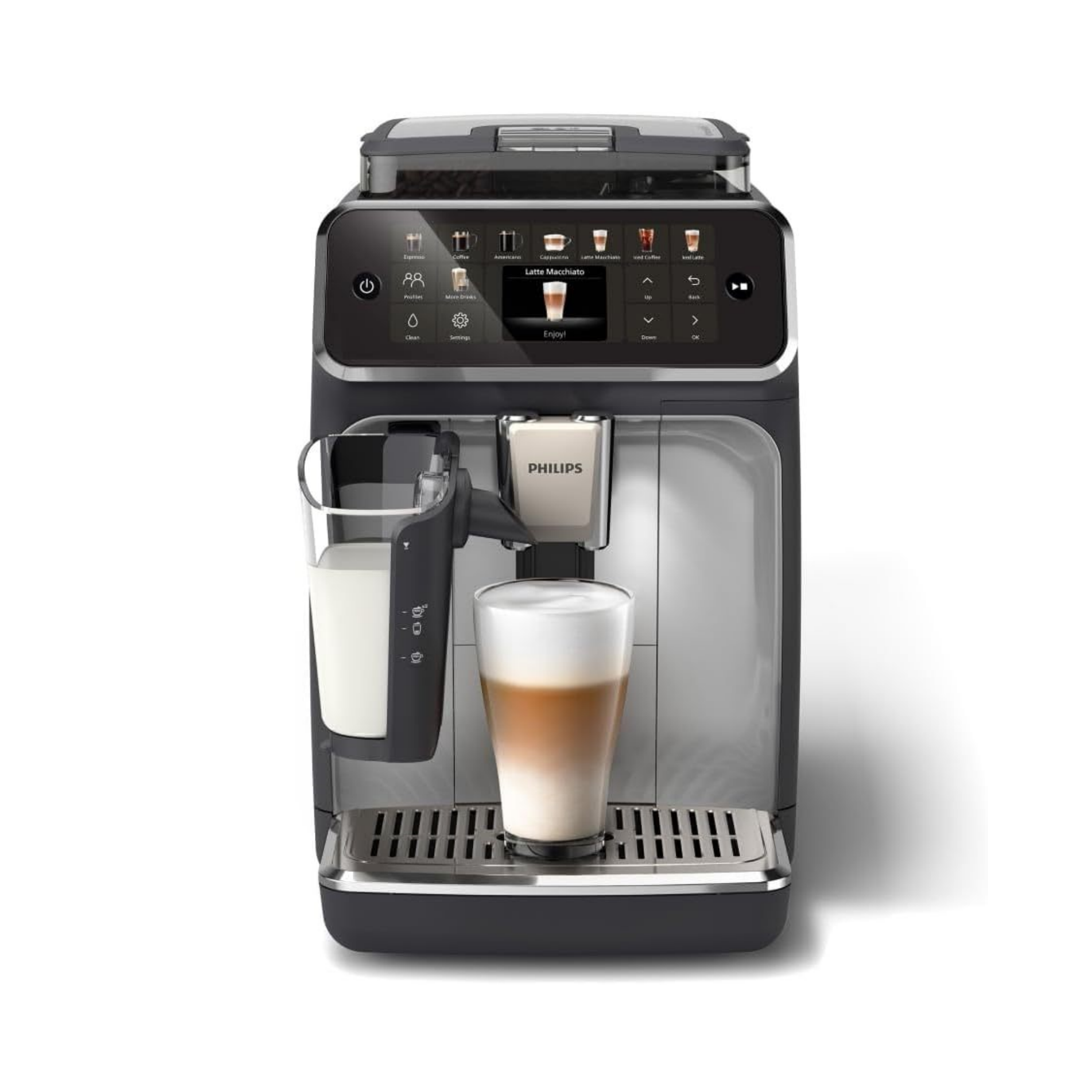 Philips 5500 Series Fully Automatic Espresso Machine – 20 Hot & Iced Coffees, Quick-to-Clean LatteGo Milk System, 40% quieter with SilentBrew, Less waiting with QuickStart, Black, Silver (EP5546/70)