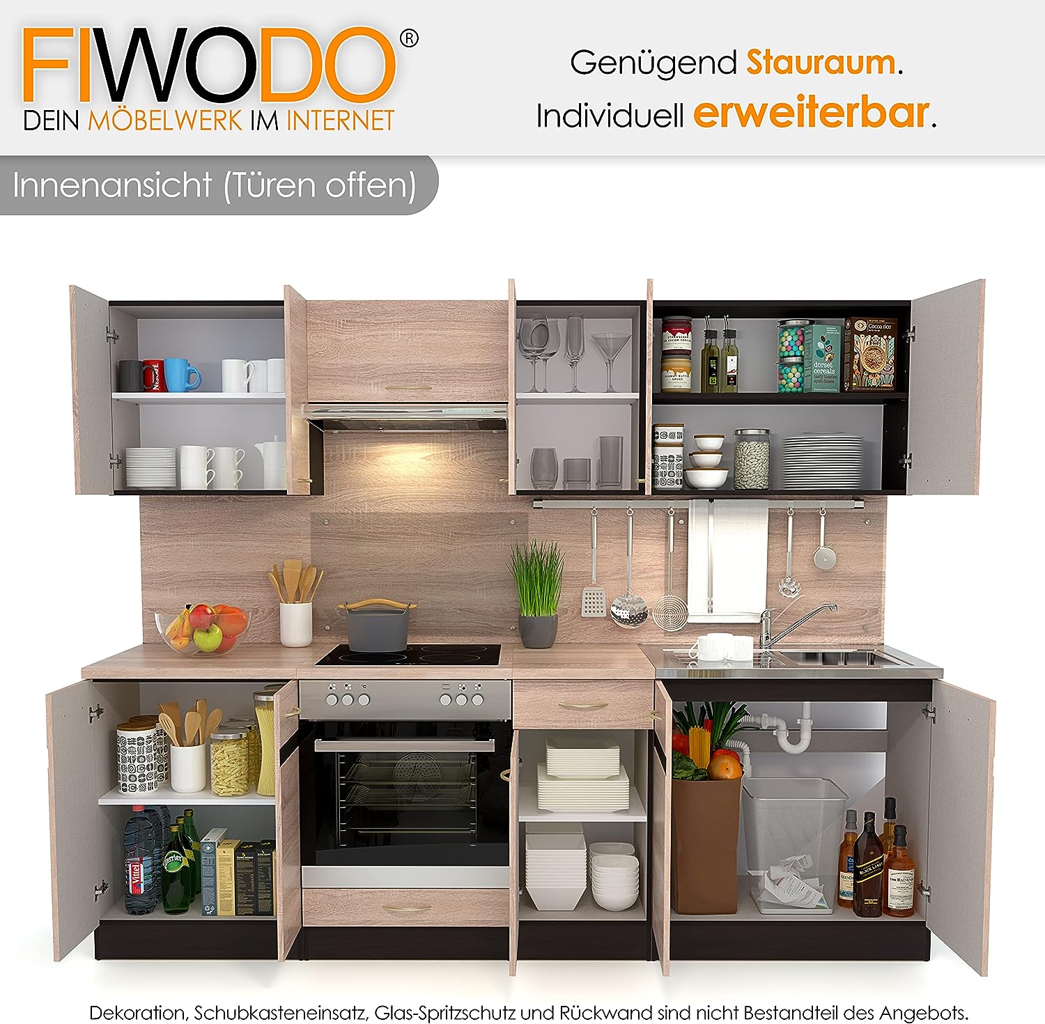 FIWODO Expandable Kitchen Unit with Electrical Appliances, Fitted Kitchen in Sonoma Oak, 240 cm, with Sink, Mixer Tap, Hob, Oven, Extractor Hood