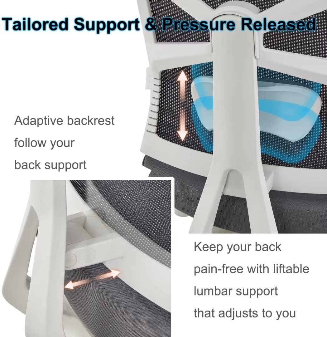 HOLLUDLE Ergonomic Office Chair with Adjustable Backrest, Computer Chair with 4D Armrests, Adjustable Seat Depth, Lumbar Support and 2D Headrest, Task Chair, White