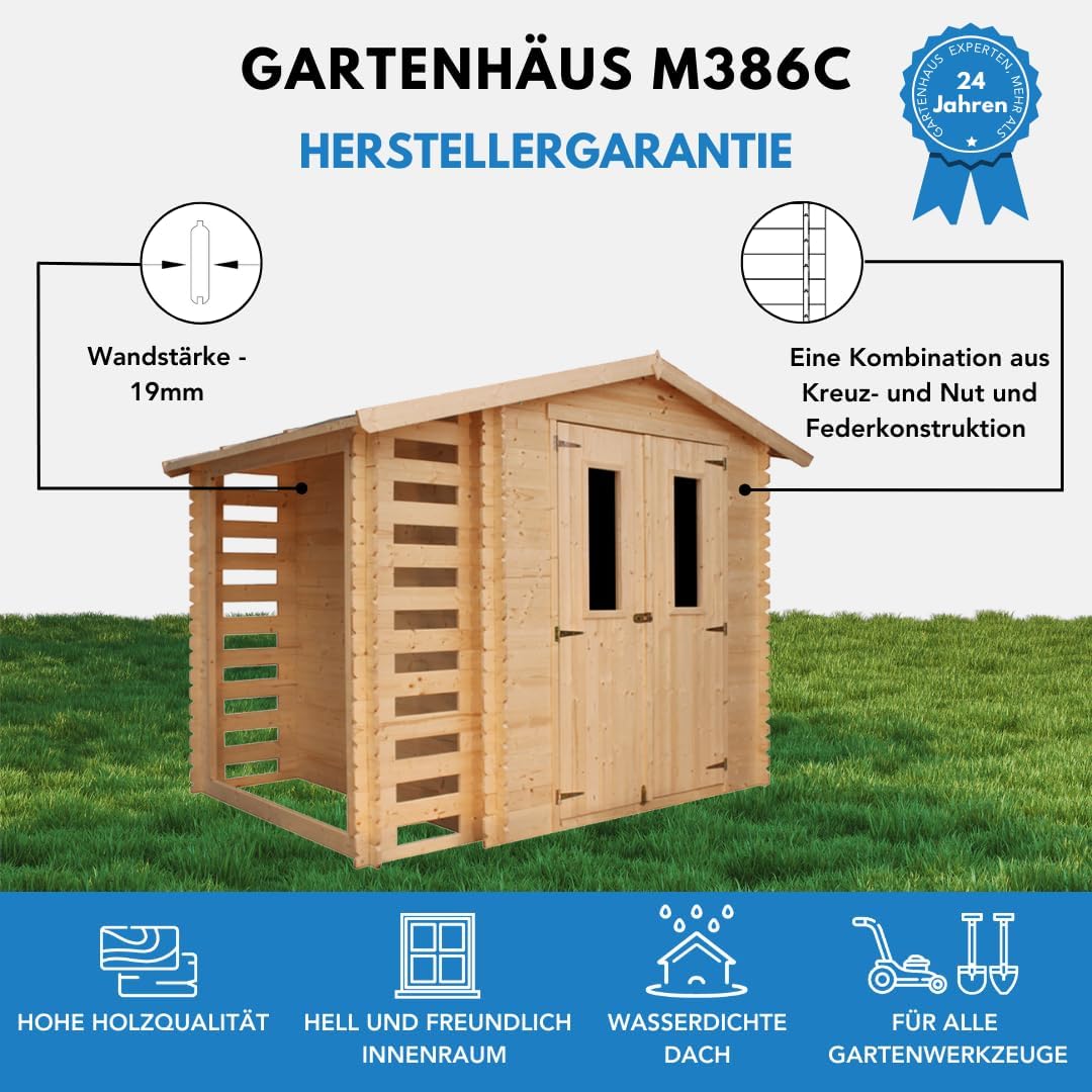 TIMBELA M386F Wooden Garden Shed with Firewood Shed, High-Quality Lockable Door, Garden Shed Wood, W 272 x L 206 x H 218 cm / 3.53 + 0.97 m2 Storage Shed for Garden - Waterproof Roof