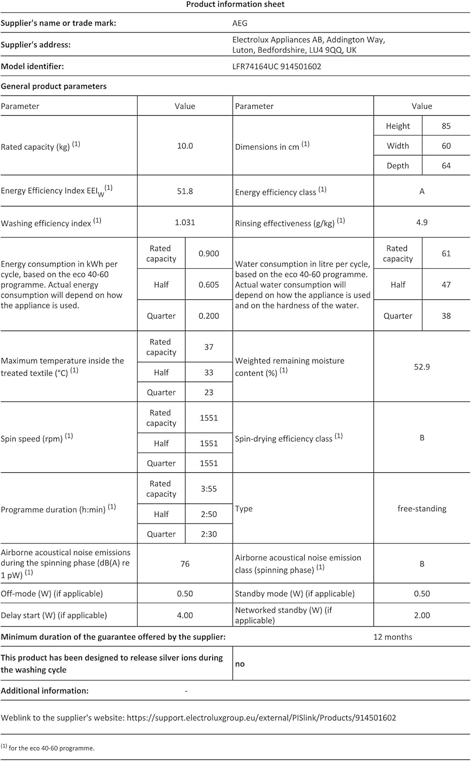 AEG 7000 Series Washing Machine LFR74164UC