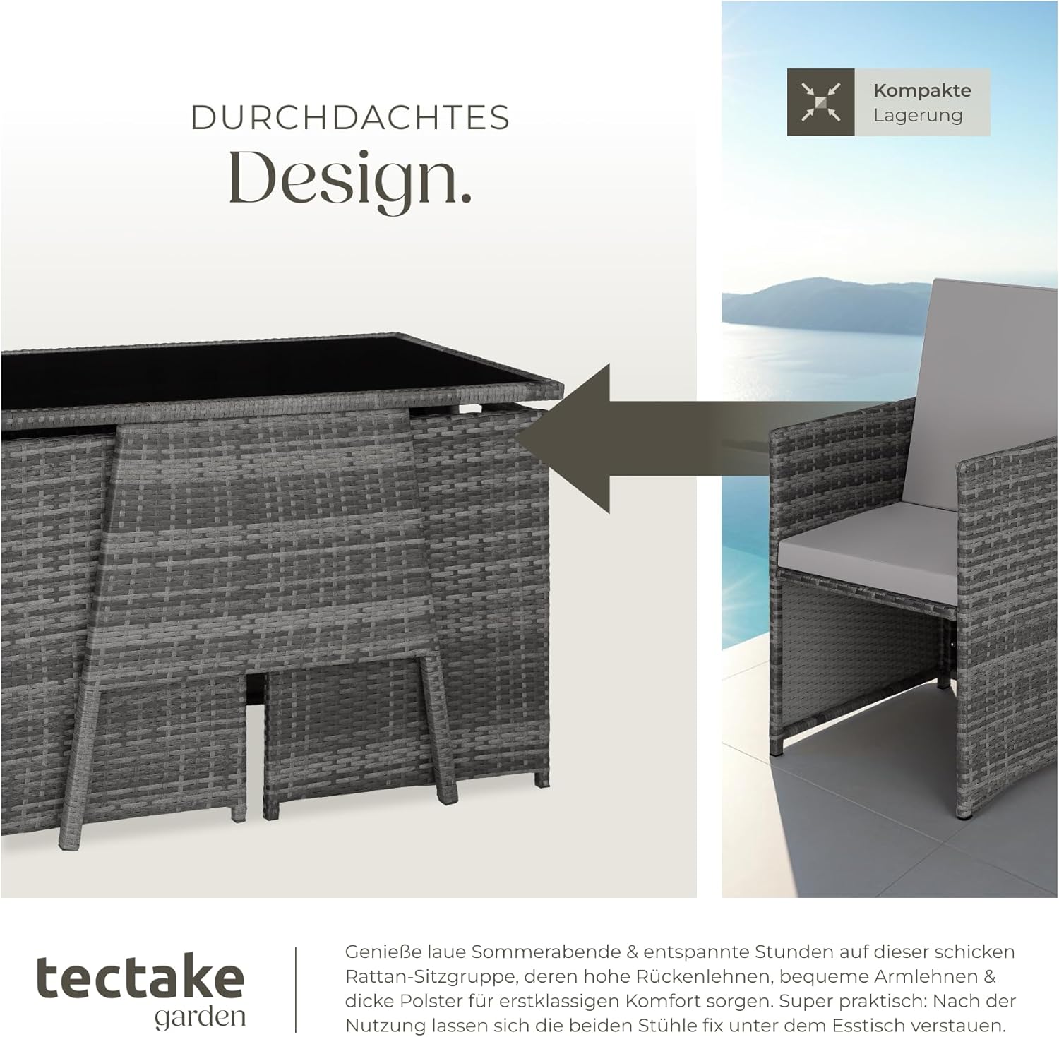 tectake® Polyrattan garden furniture set for 2 people, outdoor furniture, foldable, takes up little space, 2 armchairs and 1 table, ideal lounge set for the balcony, garden furniture, patio furniture,