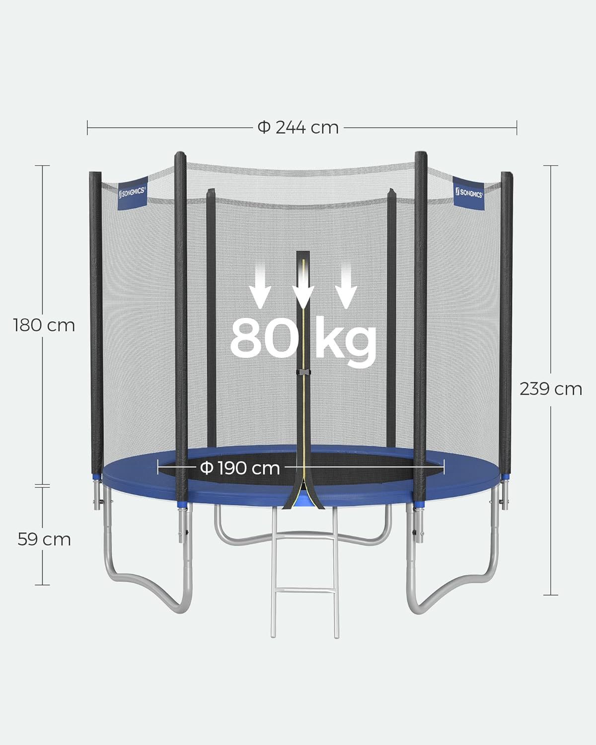 SONGMICS Outdoor Trampoline Ø 244cm, Round Garden Trampoline with Safety Net, Ladder and Padded Poles