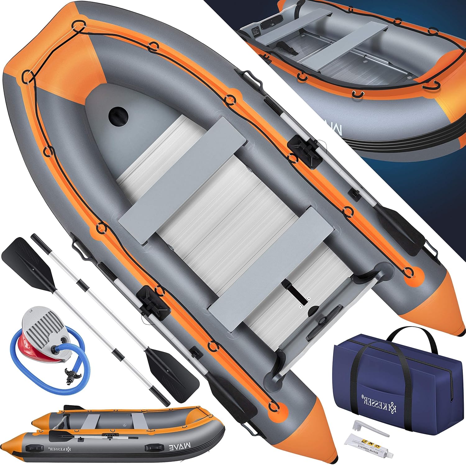KESSER® Inflatable Boat 3.20 m for 4 People - Wave Motor Suitable Leisure Boat Paddle Boat Motor Boat Fishing Boat - with 2 Benches - Aluminium Base Paddle Pump Repair Kit & Bag Inflatable PVC