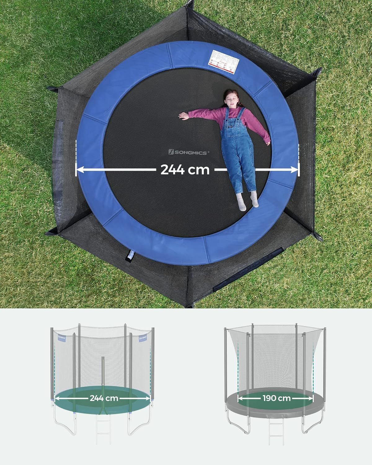SONGMICS Outdoor Trampoline Ø 244cm, Round Garden Trampoline with Safety Net, Ladder and Padded Poles