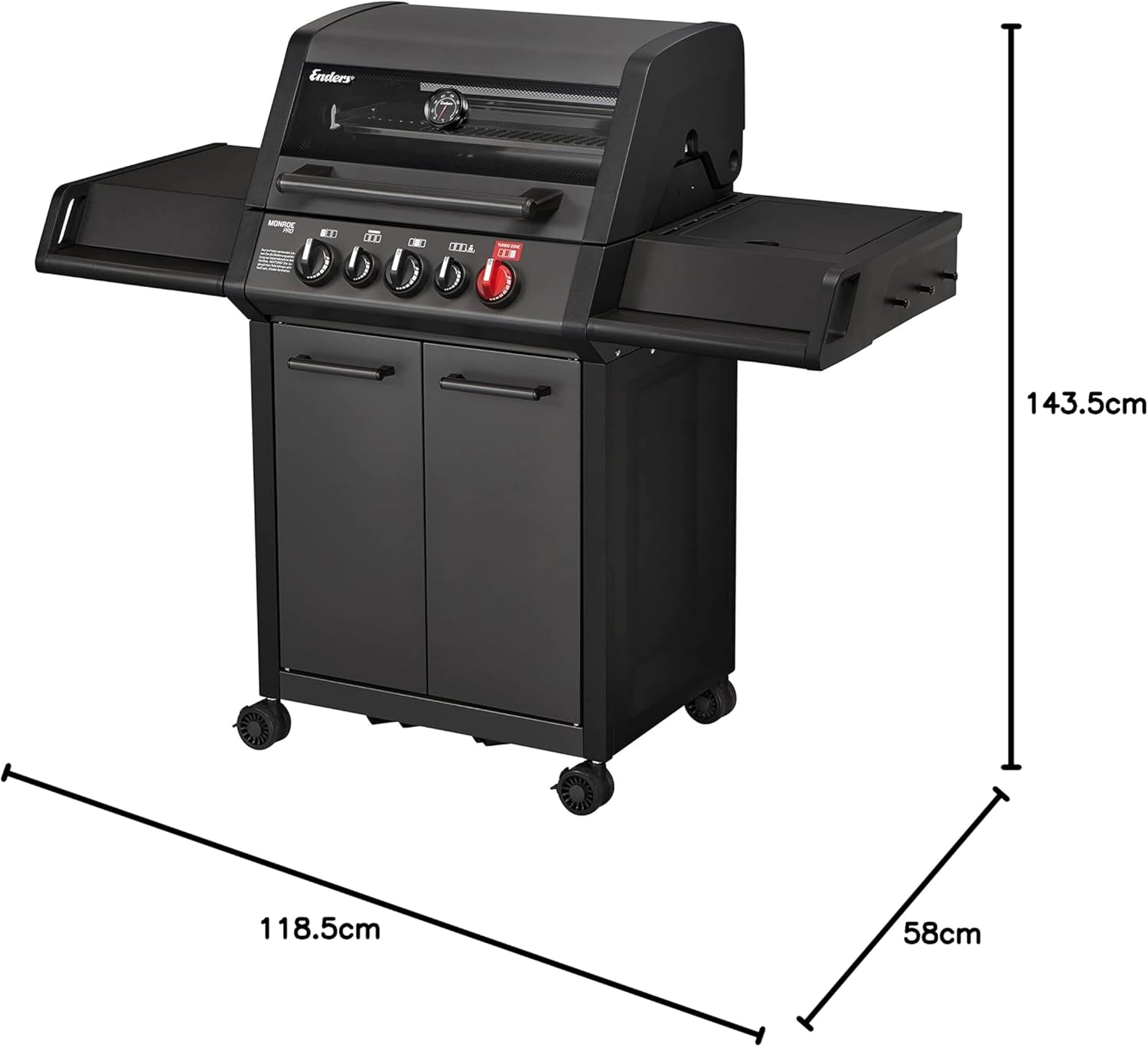 Enders® Gasgrill MONROE PRO 3 SIK TURBO SHADOW, 3-Brenner, Infrarot-Backburner, Seitenkocher, PanoVision Sicht, SWITCH GRID™ mit Sear Grate, HEAT RANGE™, 800 °C TURBO ZONE™, SIMPLE CLEAN™ #8381