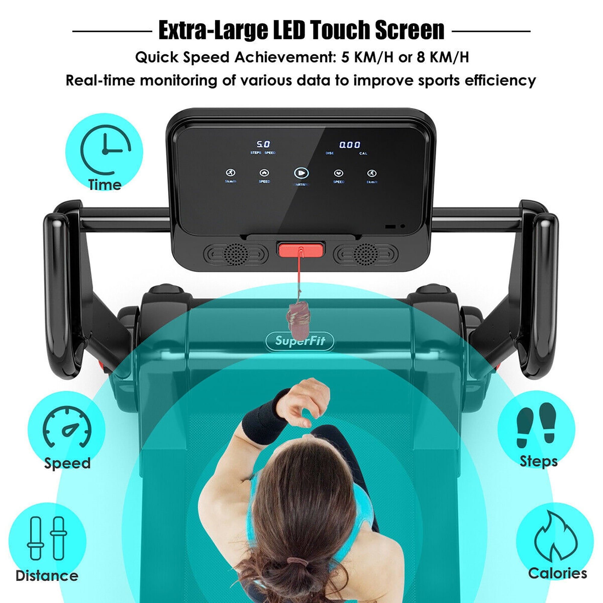 SuperFit 2.25HP Folding Electric Motorized Treadmill With Speaker - 55.9 x 30.5 x 49.5