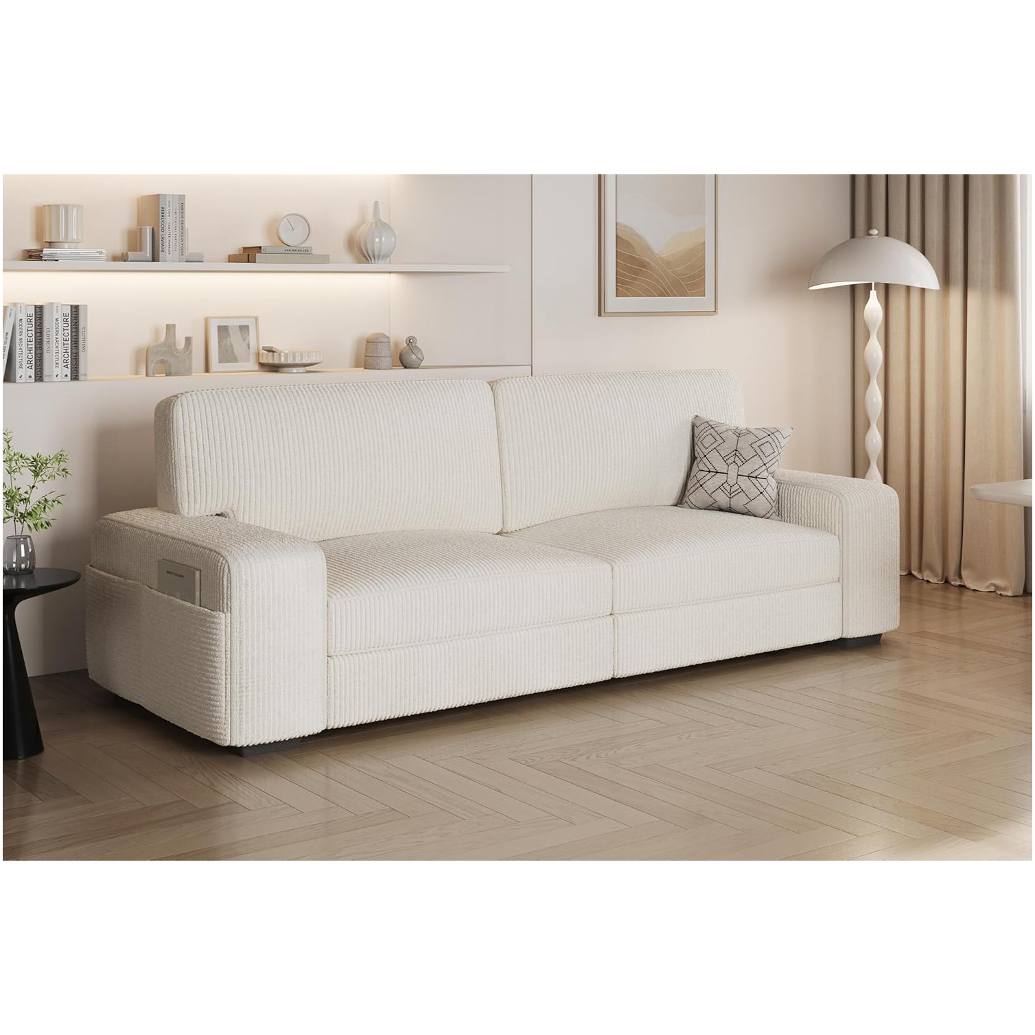 Yaheetech Sofa 212 x 81 cm Upholstered Corduroy Fabric Sofa with Removable Cushions and Backrests Couch with Wide Armrests for Living Room/Bedroom/Playroom, Ivory