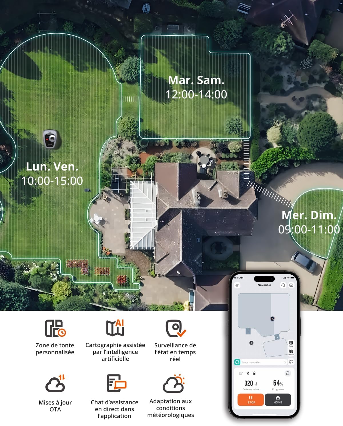 Navimow i105E Robot Tondeuse sans Fil périphérique, Recommandé 500 m², Max. 600 m², RTK+Vision Tondeuse Robot Gazon, IA cartographie Automatique, Limite virtuelle, Gestion multizone
