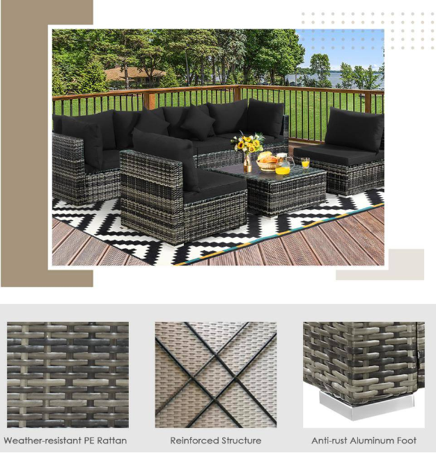 7-Piece Wicker Patio Conversation Set with Black Cushions