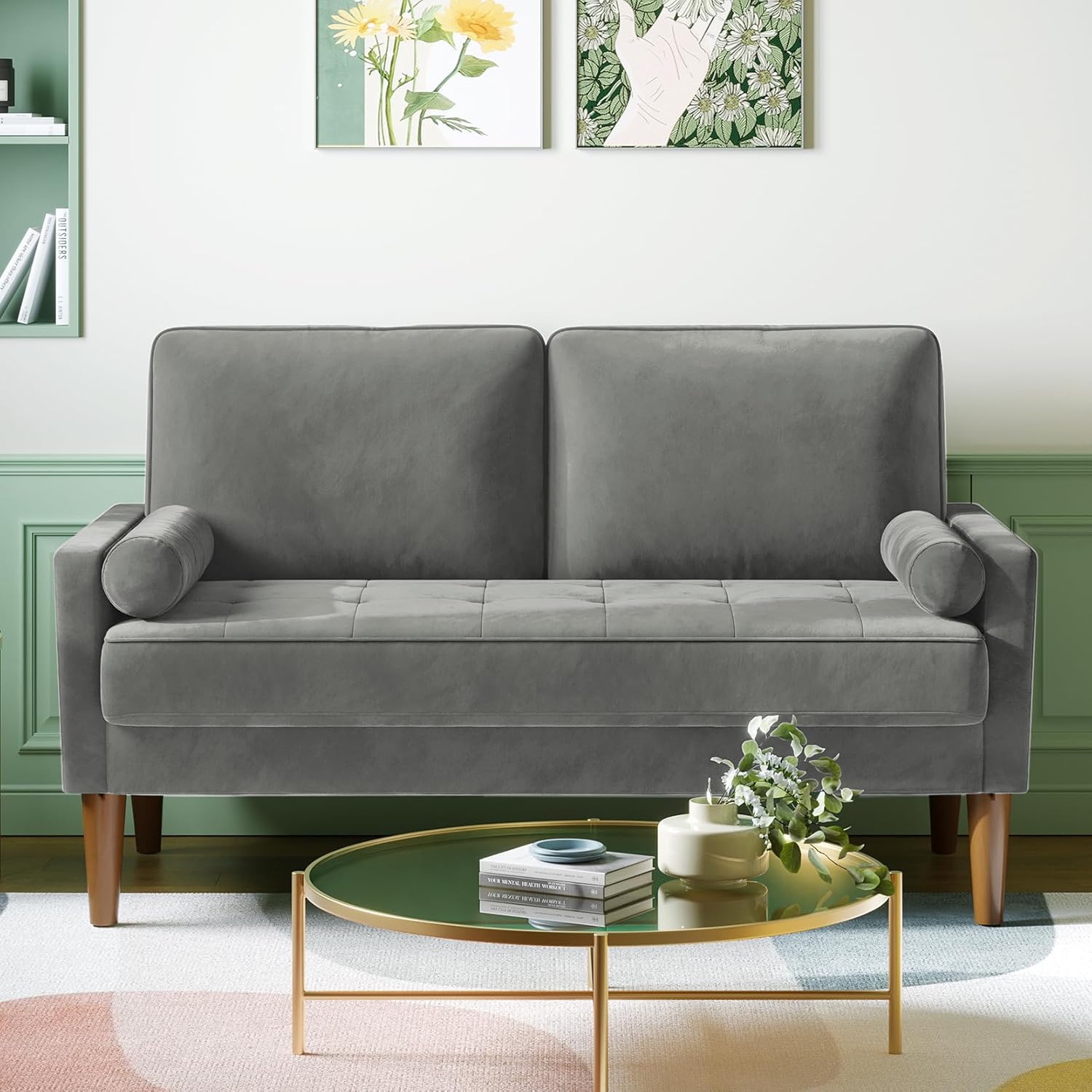 Vesgantti Small 2 Seater Sofa, 121cm Velvet Sofa with Spring Cushion, Mini Bedroom with Armrests, Modern Living Room Loveseat, Fixed 2 Seater Loveseat