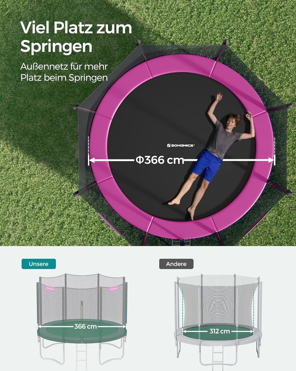 SONGMICS Outdoor Trampoline Ø 366cm, Round Garden Trampoline with Safety Net, Ladder and Padded Poles