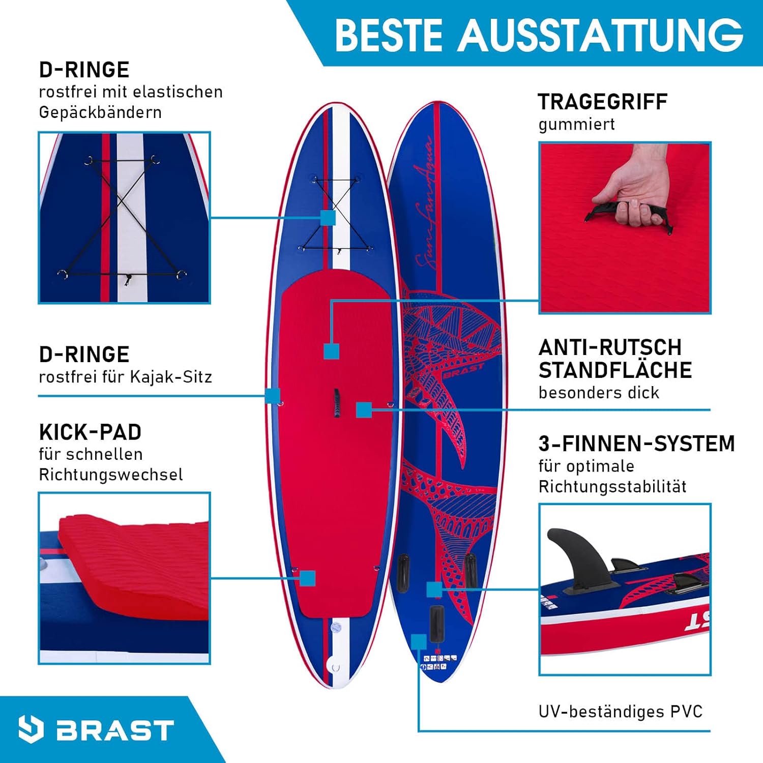 BRAST® SUP Board, Shark, Inflatable Stand Up Paddle Set, 300–320 cm, Many Models, Includes Special Accessories, 2-in-1 Paddle, Kayak Seat, Action Cam Holder, Foot Strap, Pump, Backpack