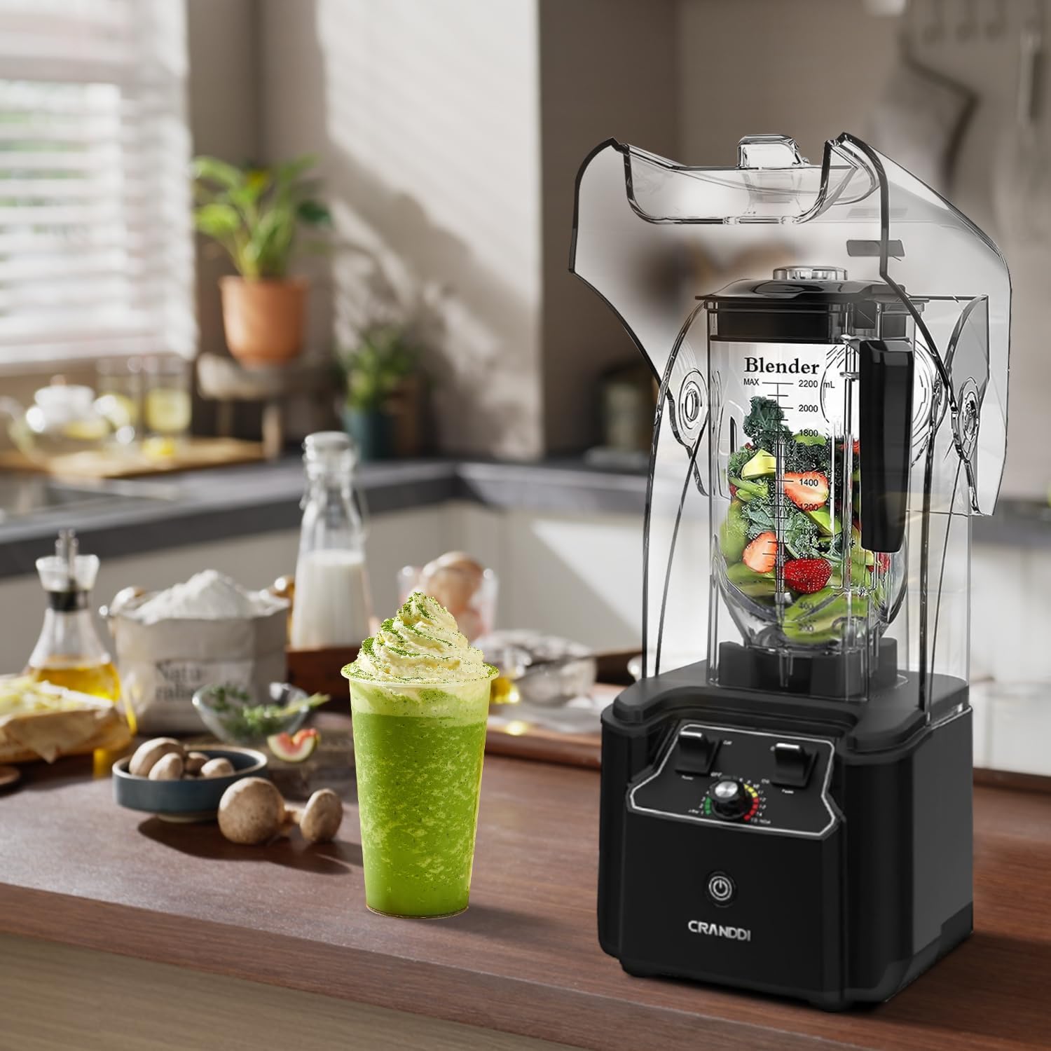 CRANDDI Commercial Quiet Blender 2200 Watt for Kitchen with Soundproof Shield Cover, Heavy Duty High Speed Blender with 80oz Pitcher and Self-Cleaning, K90 Black