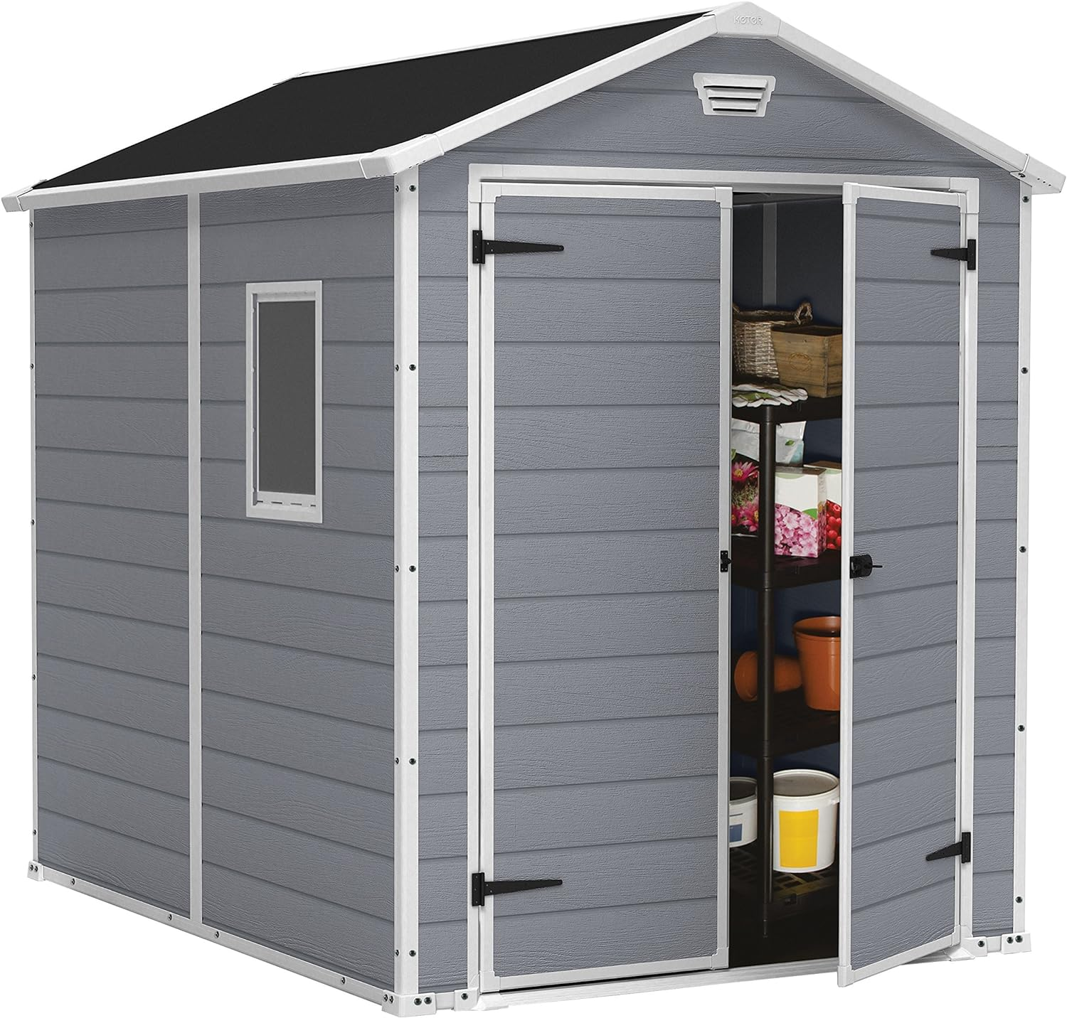 Keter Manor Outdoor Plastic Garden Storage Shed, Grey, 6 x 8 ft