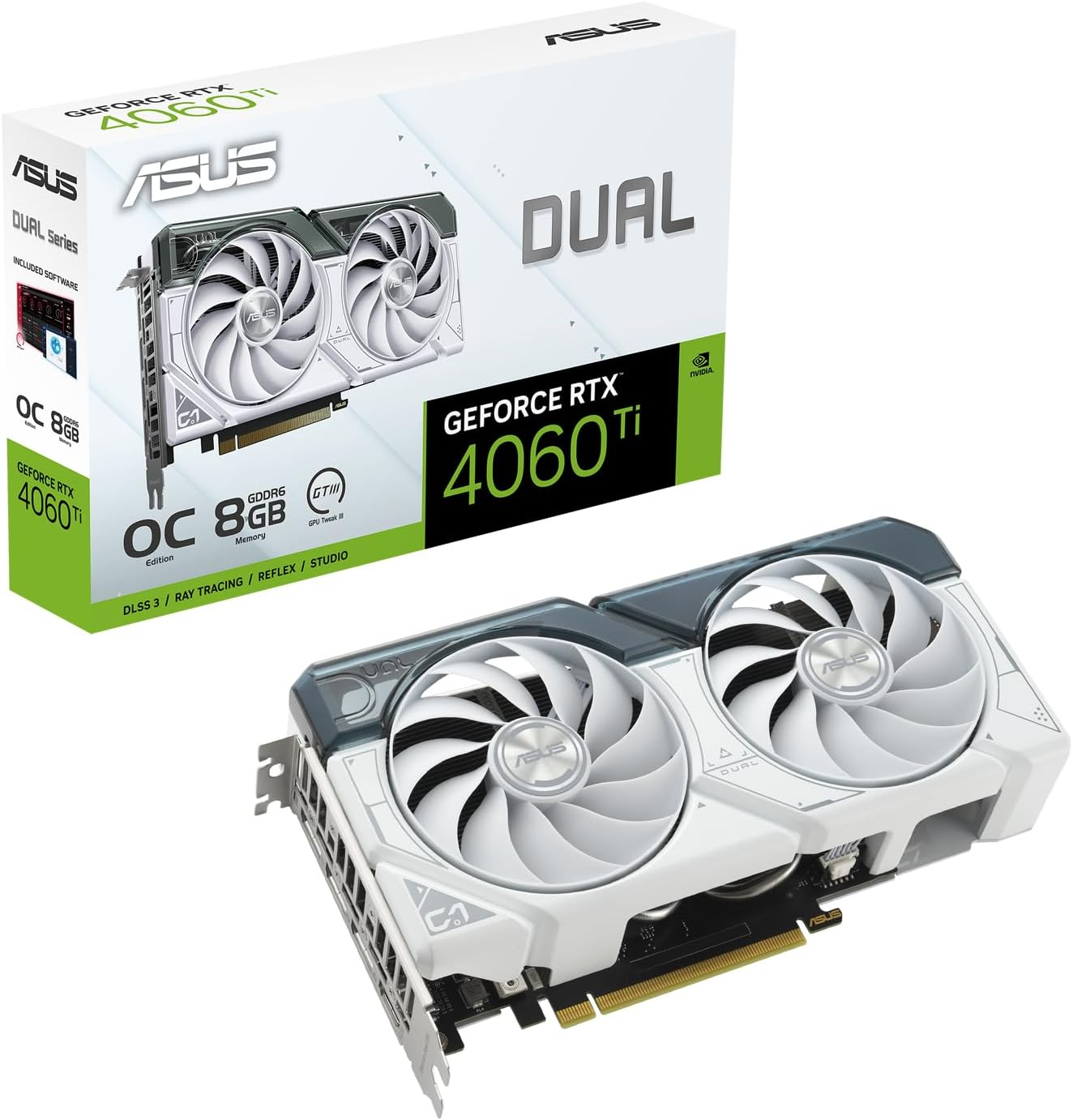 ASUS Dual GeForce RTX 4060 Ti White OC Edition 8GB GDDR6 Gaming Graphics Card, White (Nvidia GeForce RTX4060Ti DLSS 3, PCIe 4.0, 1x HDMI 2.1, 3x DisplayPort 1.4a, DUAL-RTX4060TI-O8G-WHITE)
