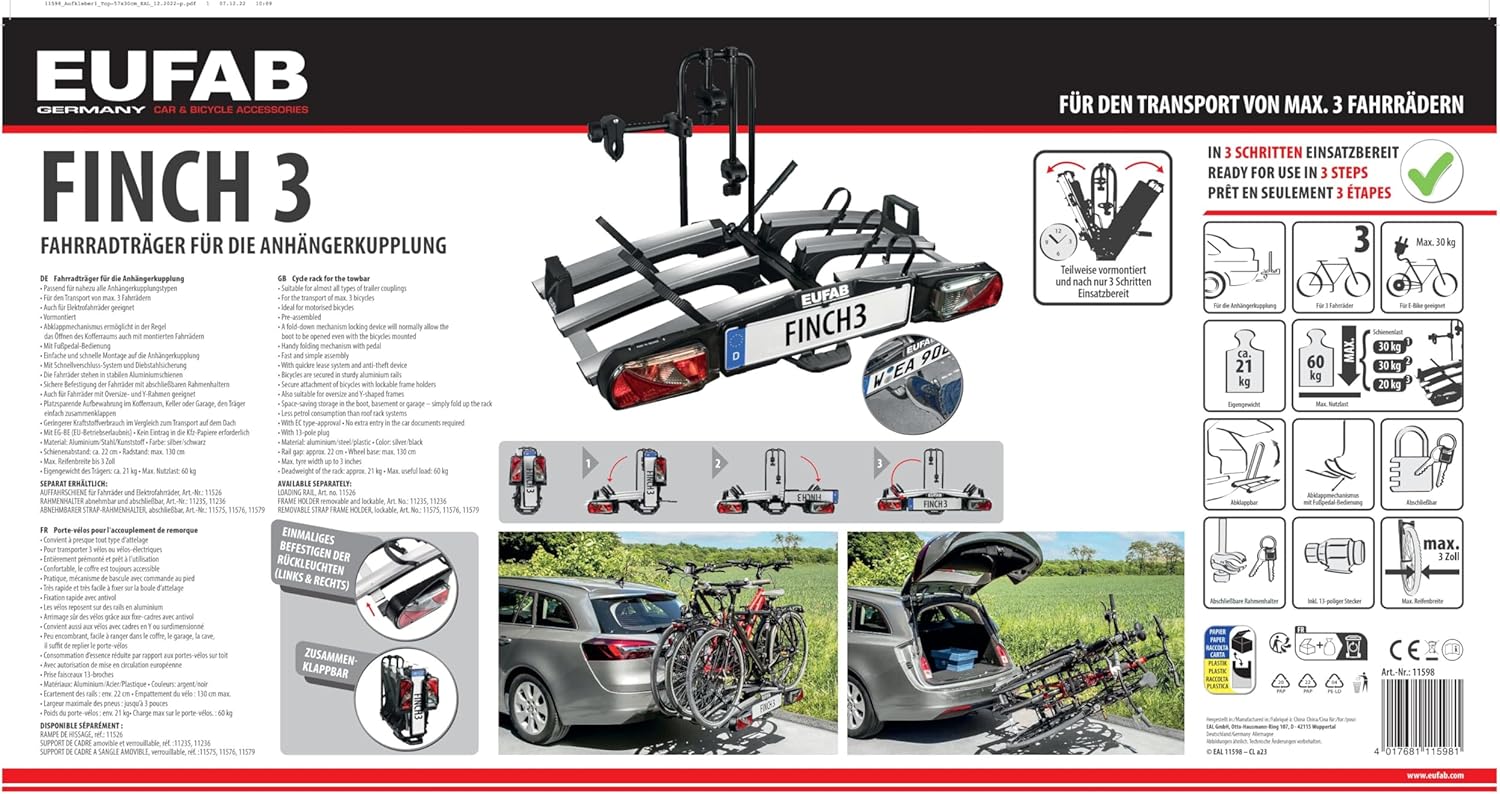 EUFAB 11598 FINCH Bicycle Carrier for 3 Bicycles