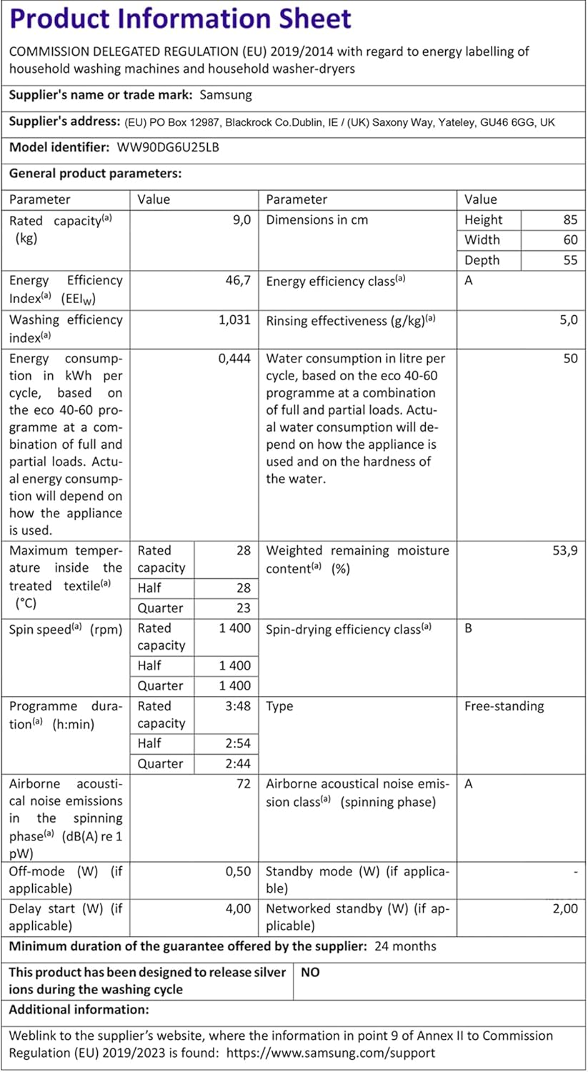 Samsung Series 6 AI Energy Washing Machine, 9kg, 1400rpm, Black, WW90DG6U25LBU1 [Energy Class A]