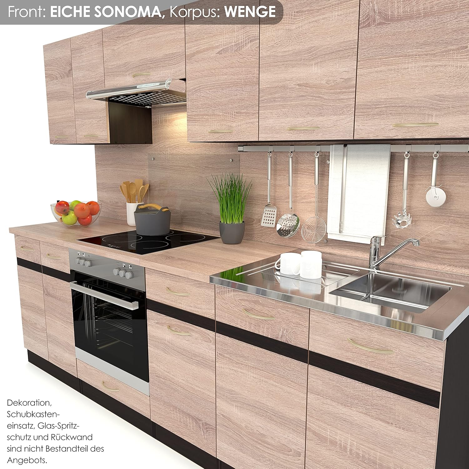 FIWODO Expandable Kitchen Unit with Electrical Appliances, Fitted Kitchen in Sonoma Oak, 240 cm, with Sink, Mixer Tap, Hob, Oven, Extractor Hood