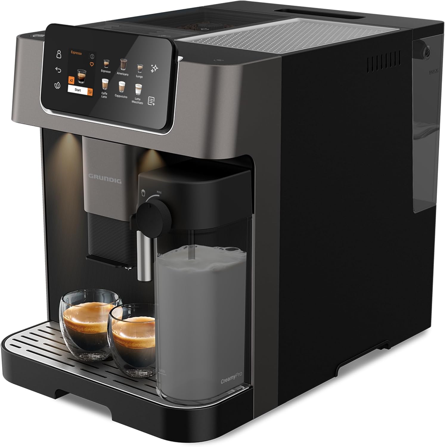 Grundig KVA 8230 Kaffeevollautomat, Kaffeemaschine, 18 Kaffeespezialitäten, 13 Mahlgrade, Milchbehälter, leistungsstark 1350 W, 19 Bar Pumpendruck, Zweifachdüse, Beleuchtung, Schwarz/Dunkelsilber