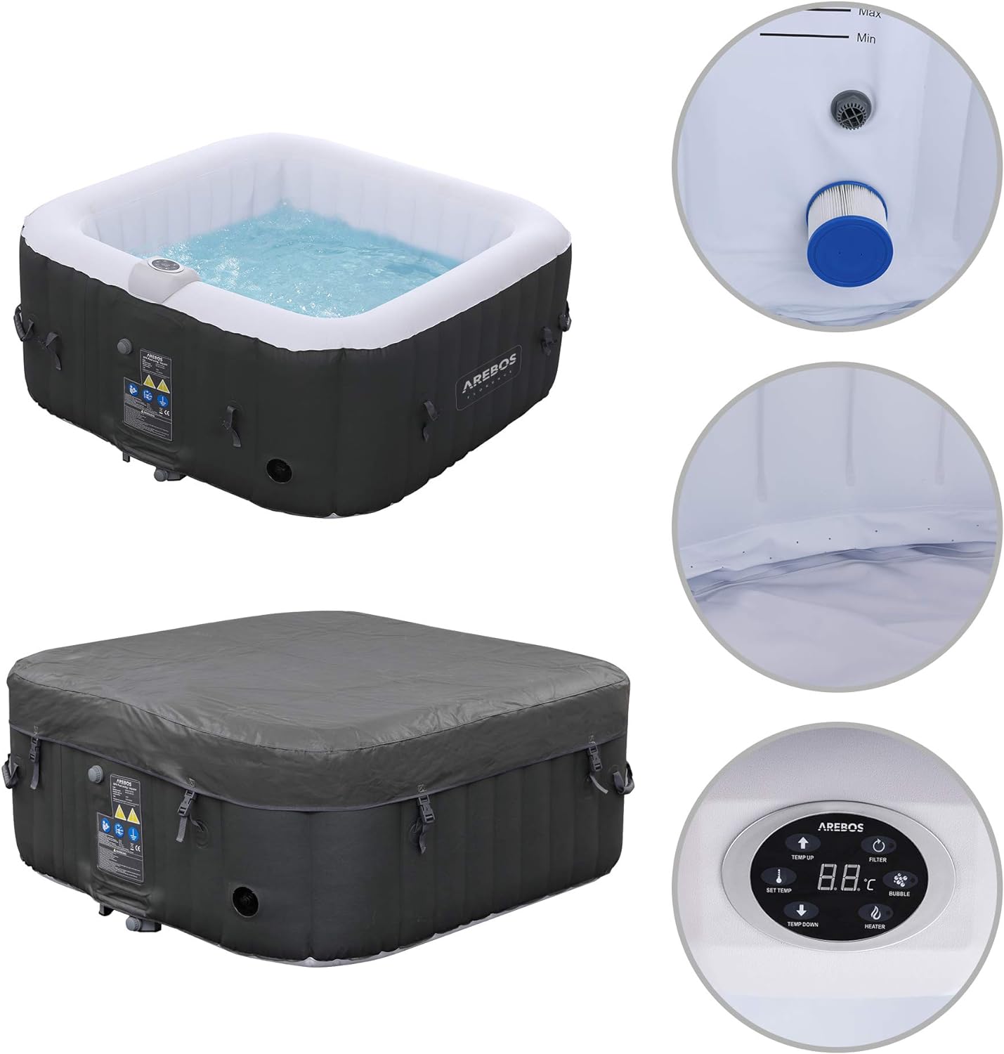 Arebos SPA Inflatable Whirlpool | Inflatable | Square | Indoor and Outdoor | 154 x 154 cm | 4 People | 130 Massage Jets | 600 L