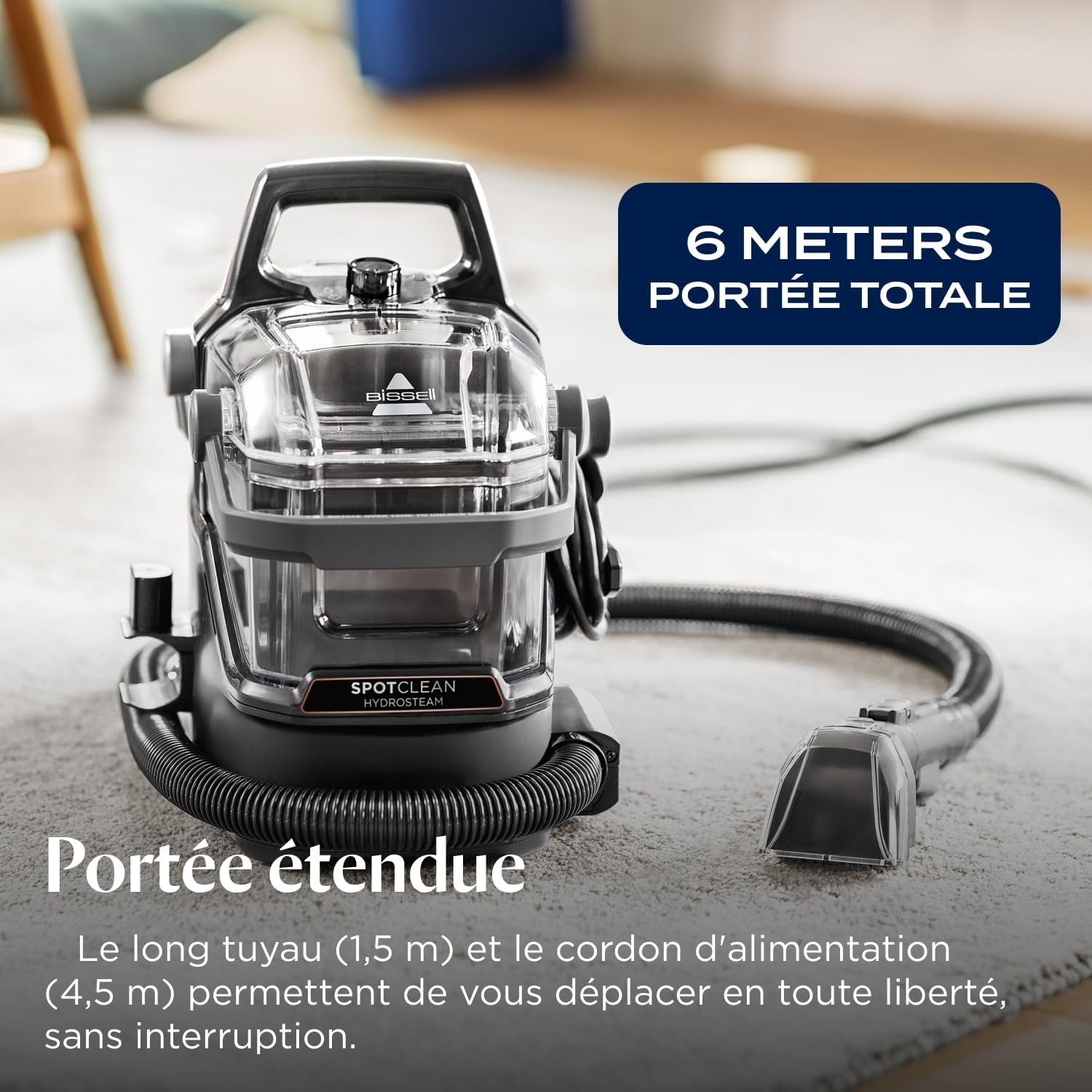 BISSELL SpotClean HydroSteam, Shampouineuse Canapé, Moteur Puissant de 1000W, Nettoyeur Vapeur avec Technologie HydroSteam, Nettoyeur pour Tapis, Moquettes, Meubles, Tissus, Voiture & Plus, 3689N